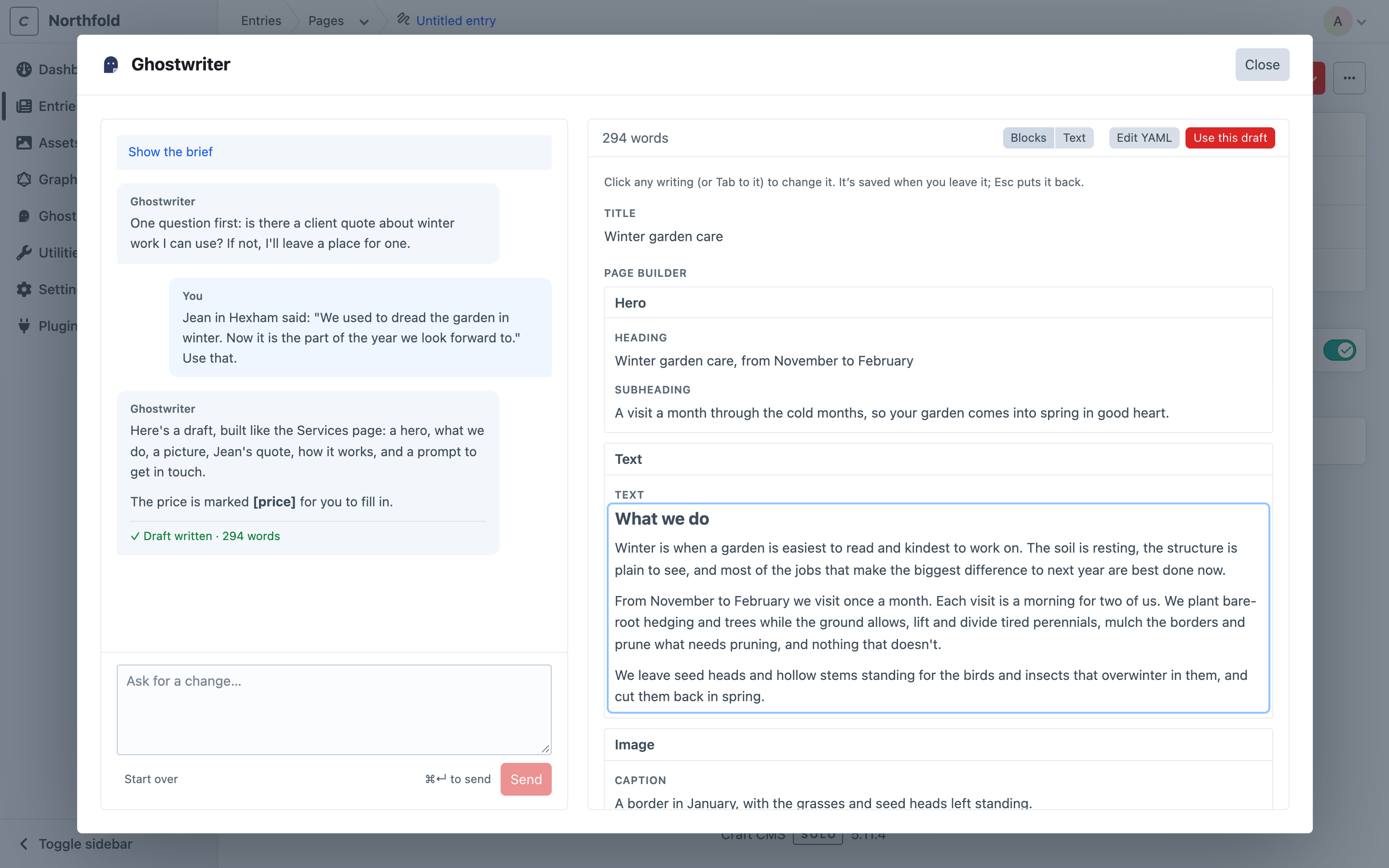 The writing panel over a new entry, with the conversation on the left and the draft in Blocks view on the right