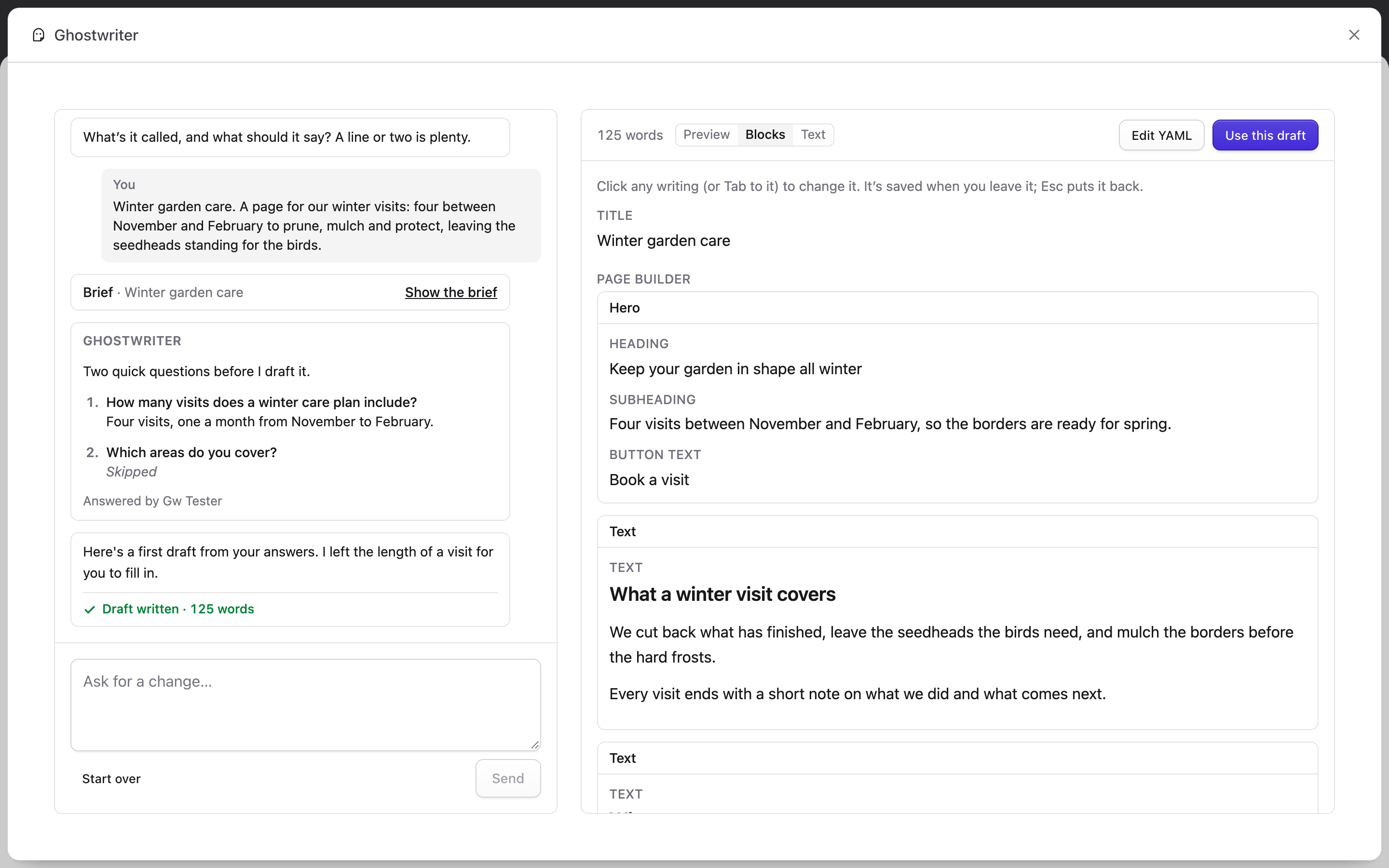 The Ghostwriter panel with a draft of a page in Blocks view, beside the conversation that wrote it