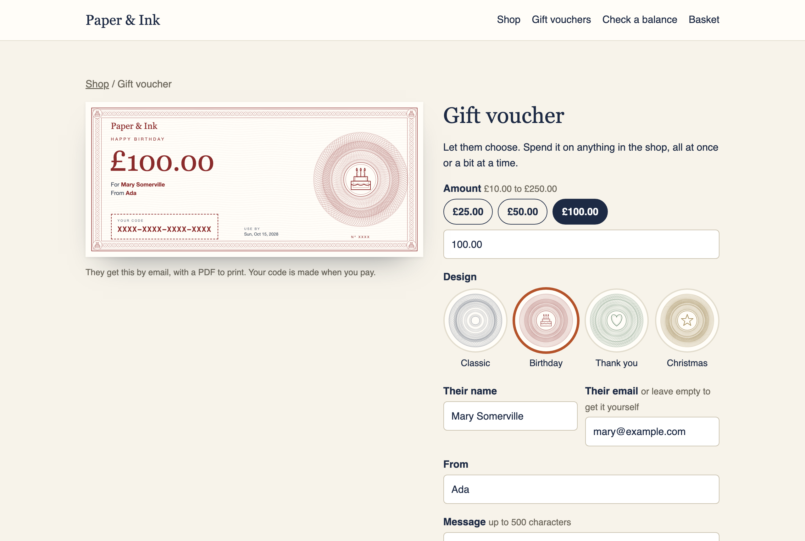 The voucher form with its live preview