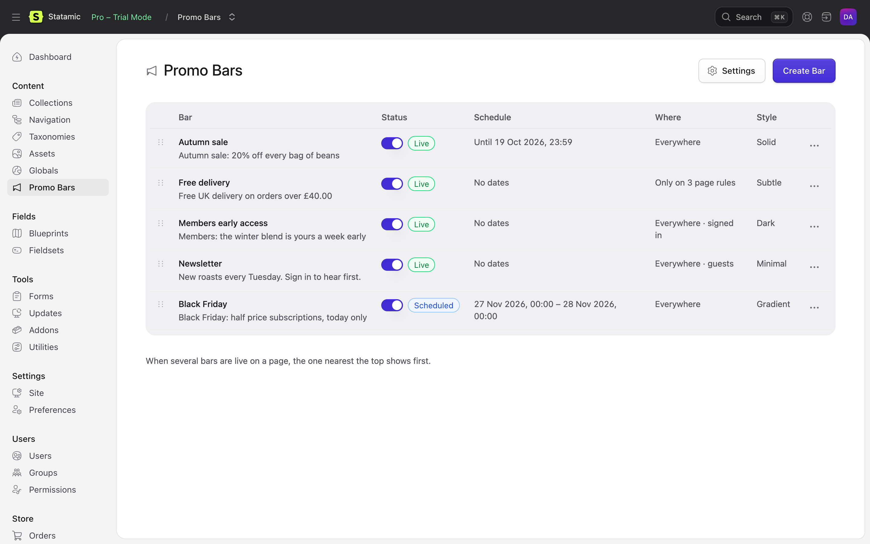 The list of bars, in priority order