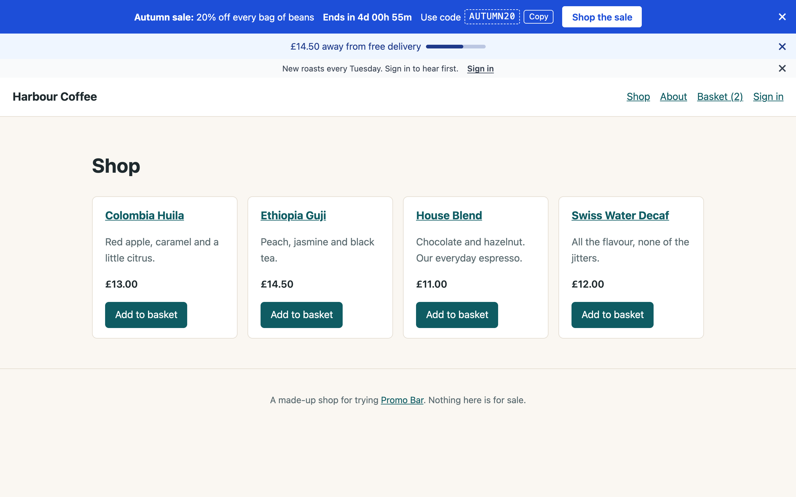 Harbour Coffee's shop, with a sale bar counting down, free delivery progress and a newsletter bar