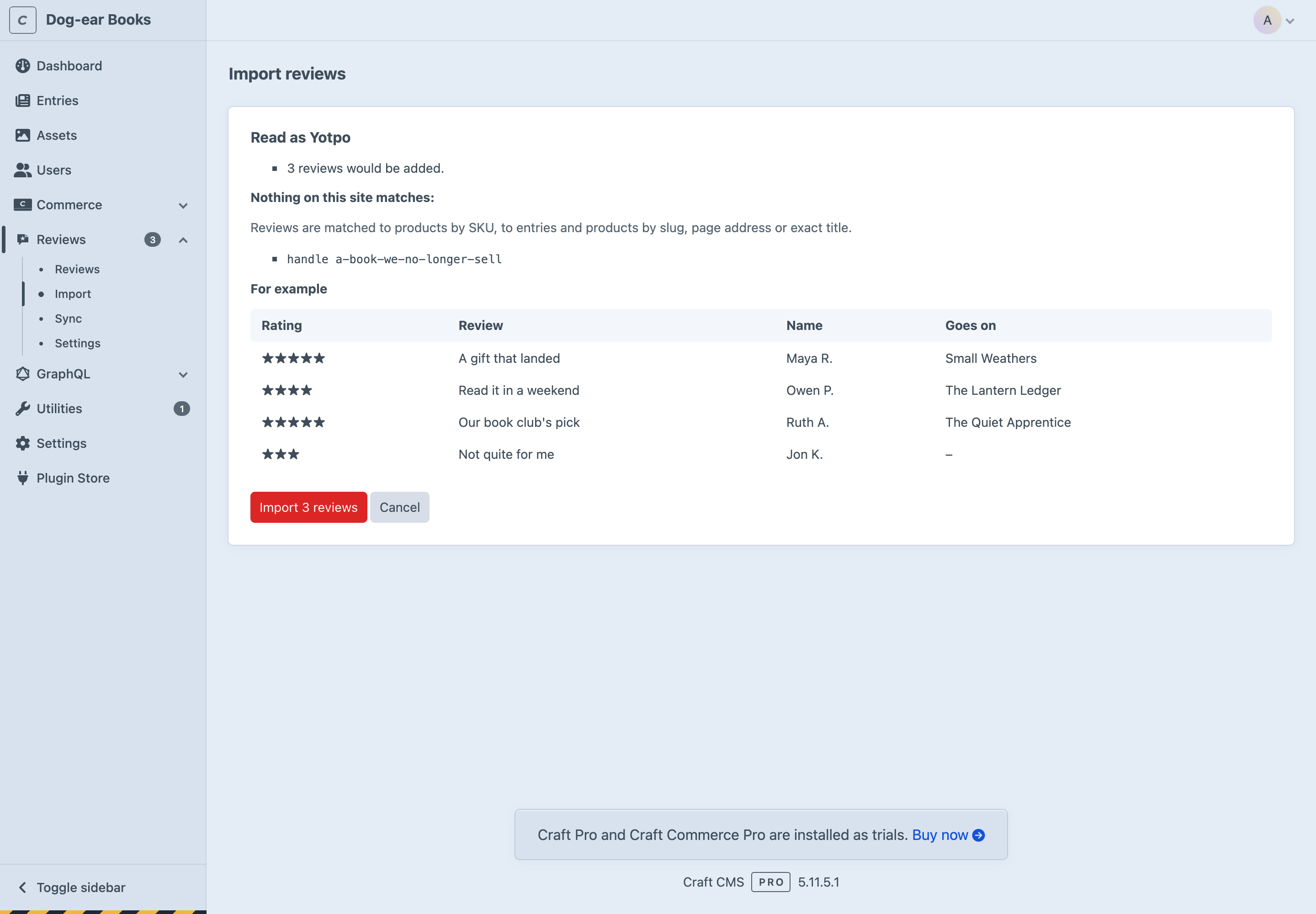 An export previewed before importing