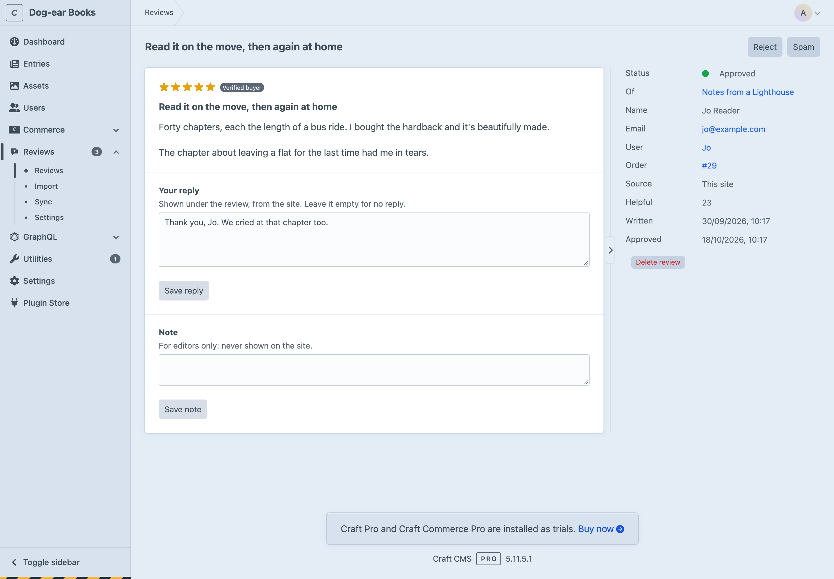 One review, with the shop's reply