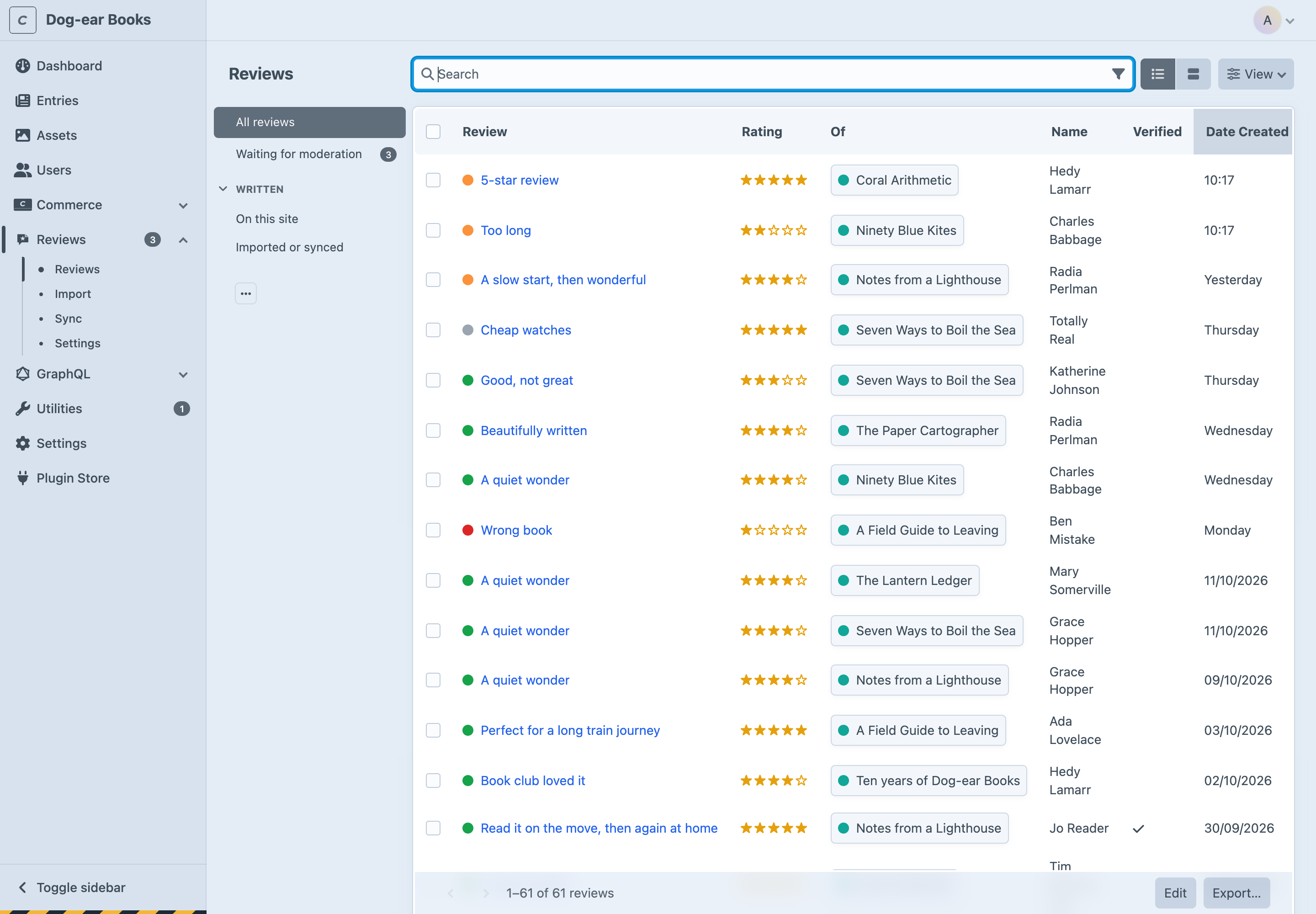 Reviews in the control panel
