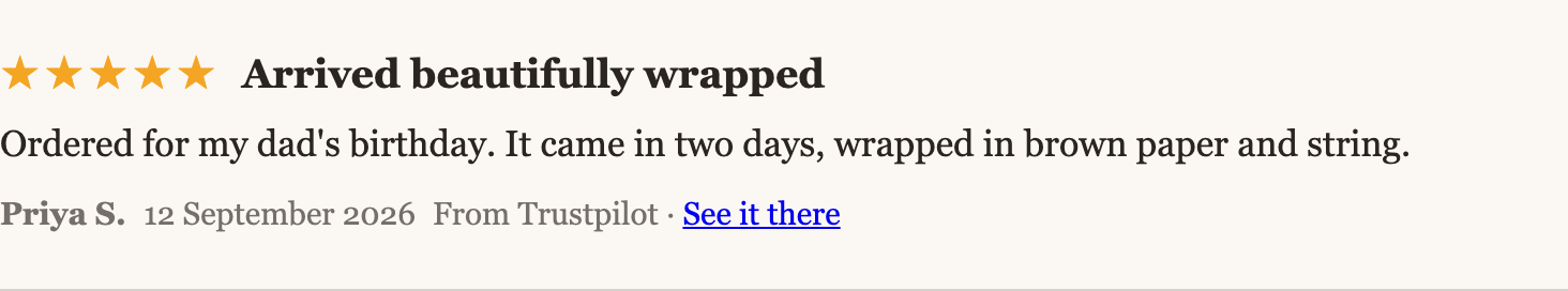 A review from Trustpilot, saying where it came from