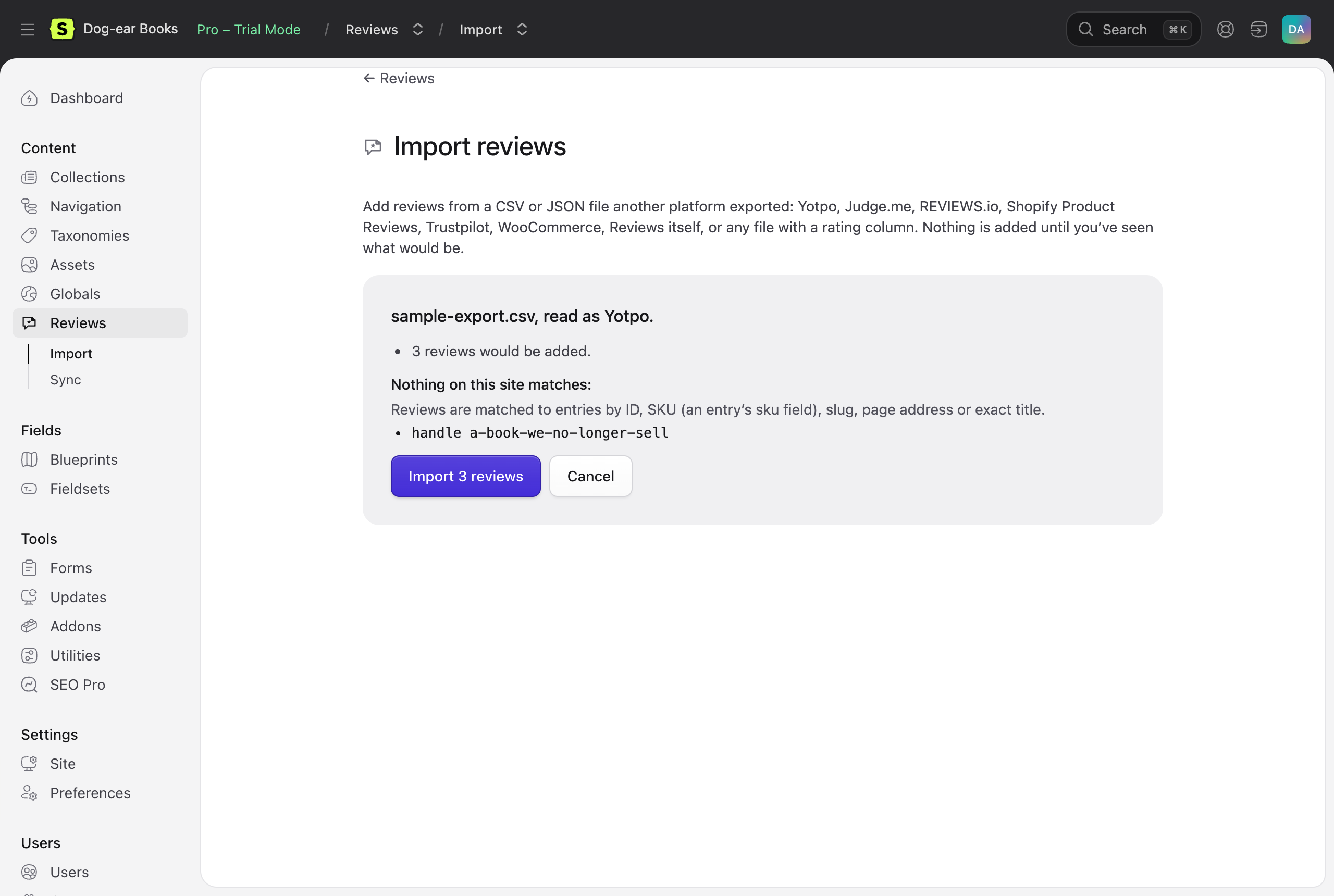 An export previewed before importing