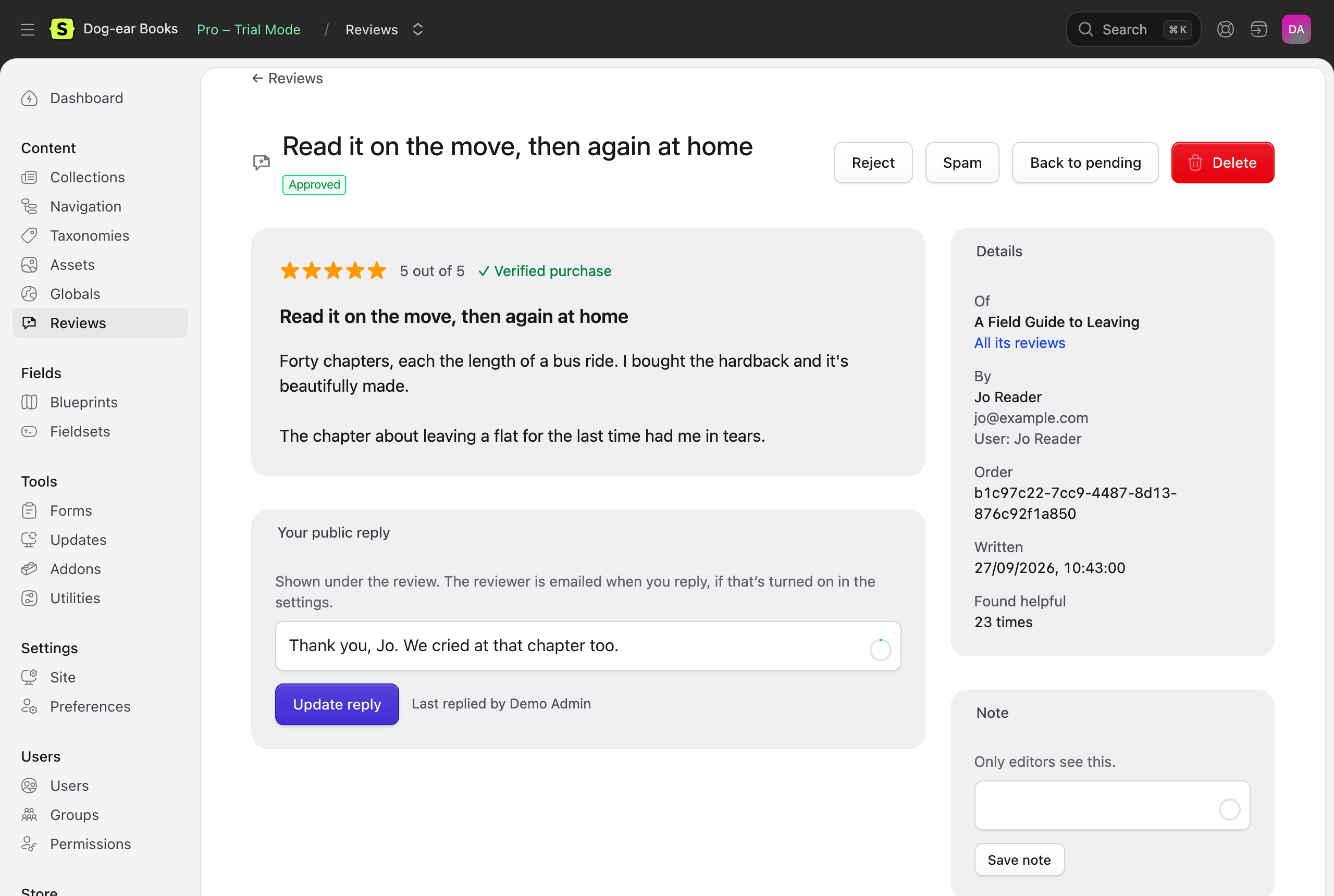 One review, with the public reply