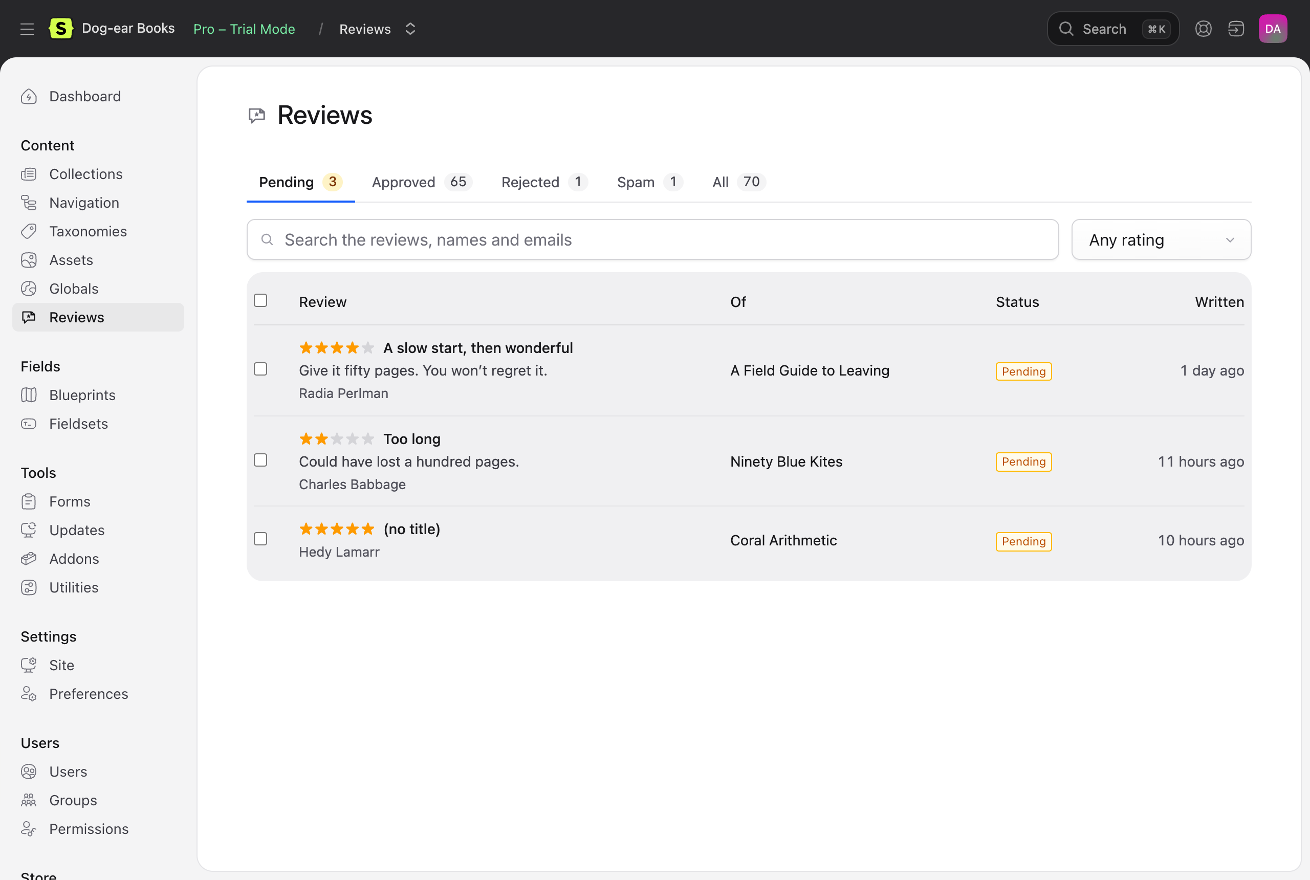 Content → Reviews