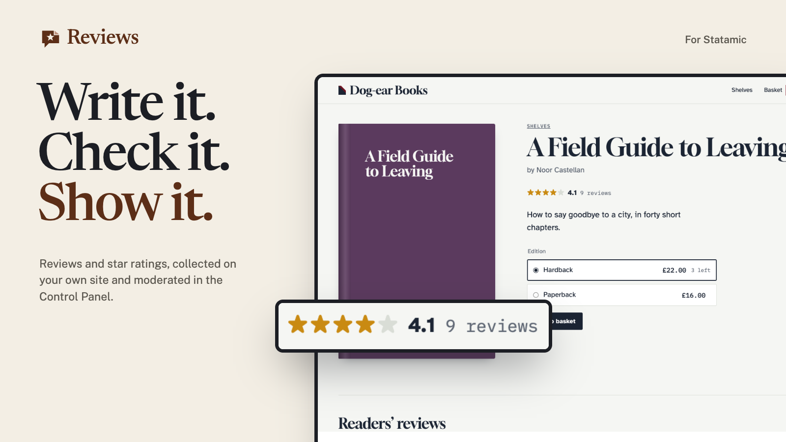 Reviews for Statamic: write it, check it, show it. A bookshop's book page with its star rating