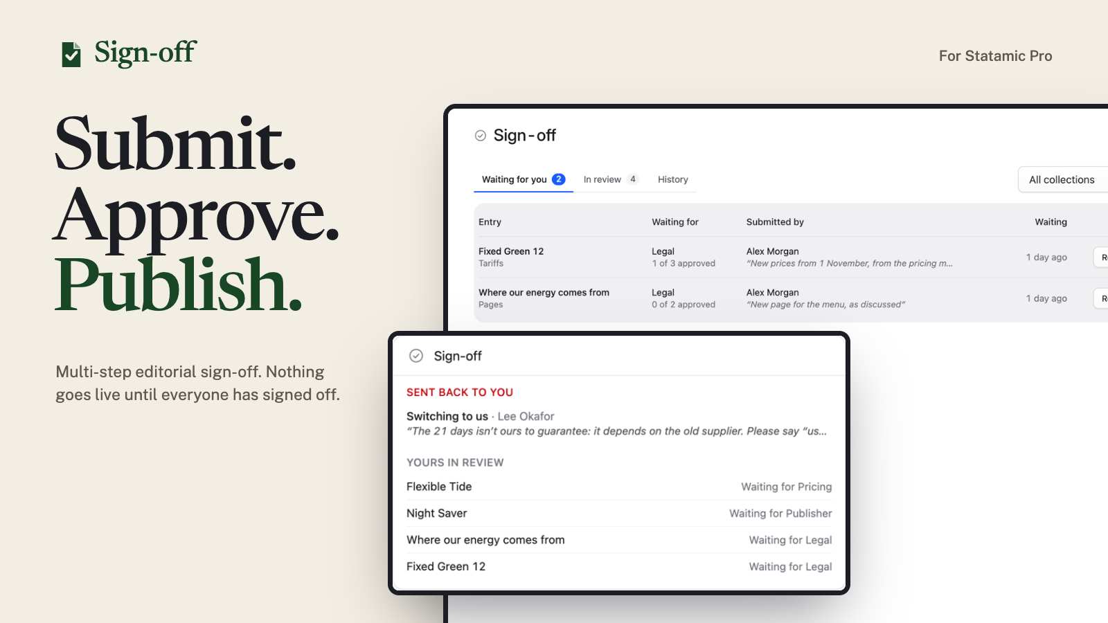 Sign-off for Statamic Pro: submit, approve, publish