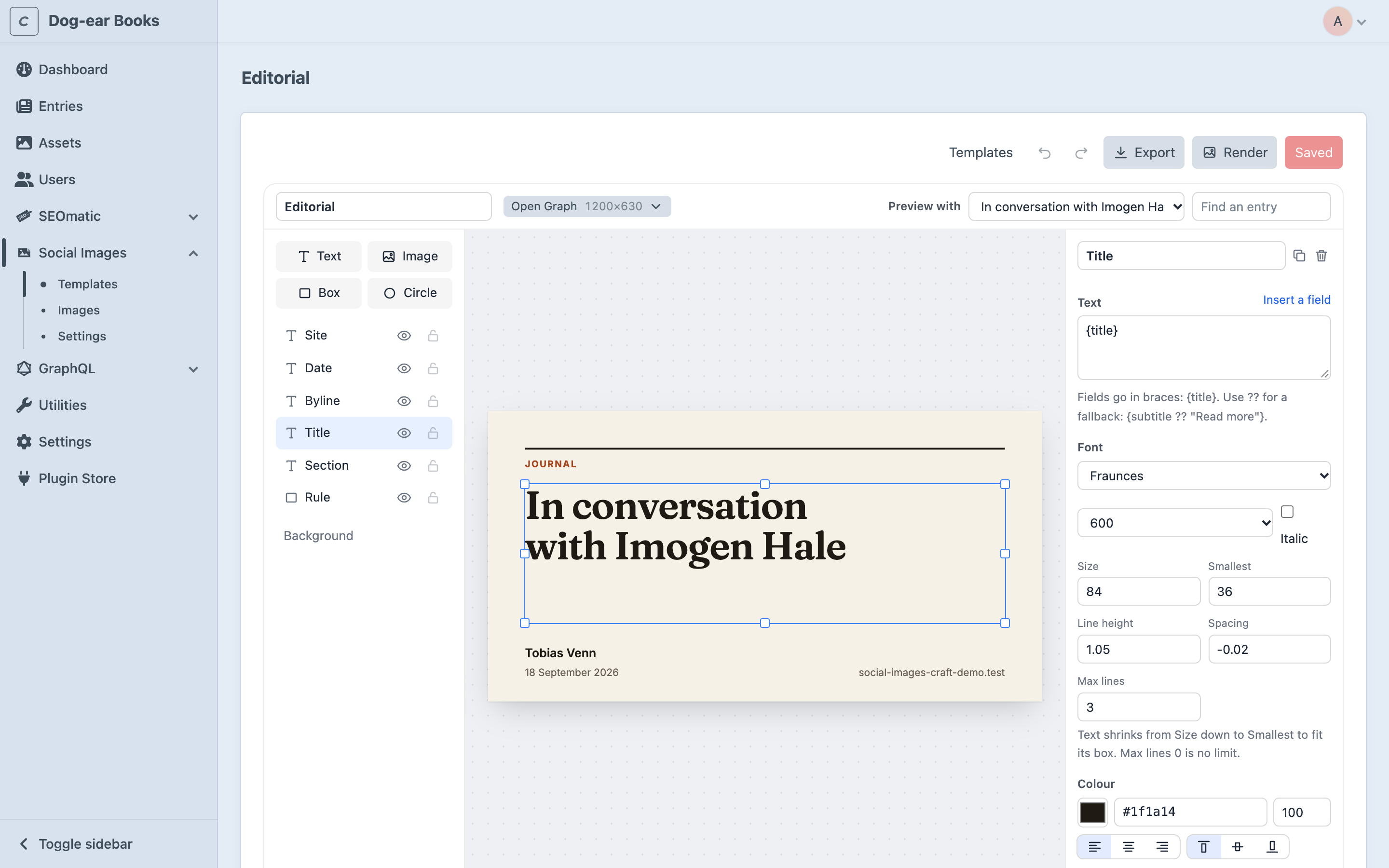 The designer, editing the Editorial template with a real entry