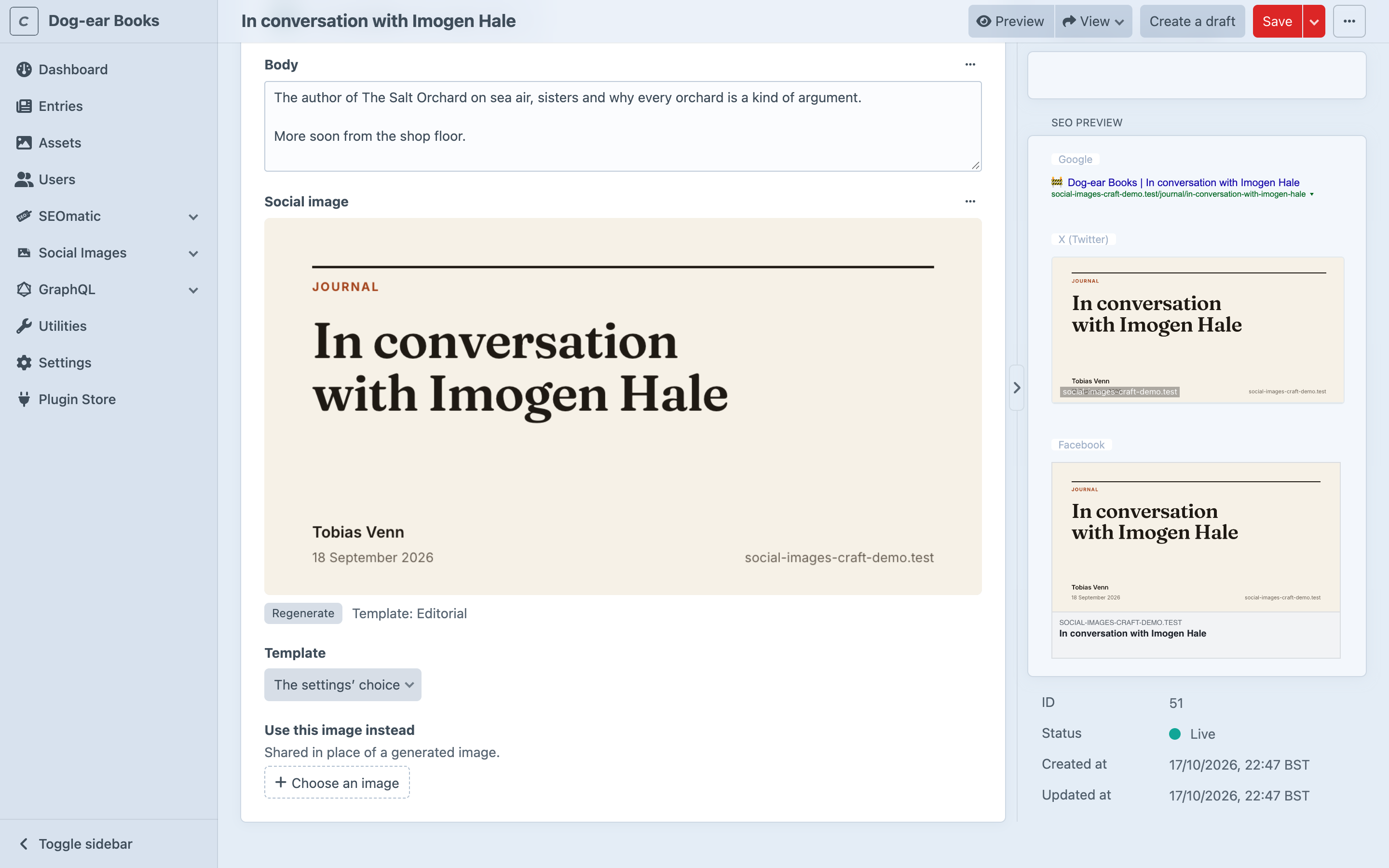 The Social image field on a journal entry, with SEOmatic's preview beside it