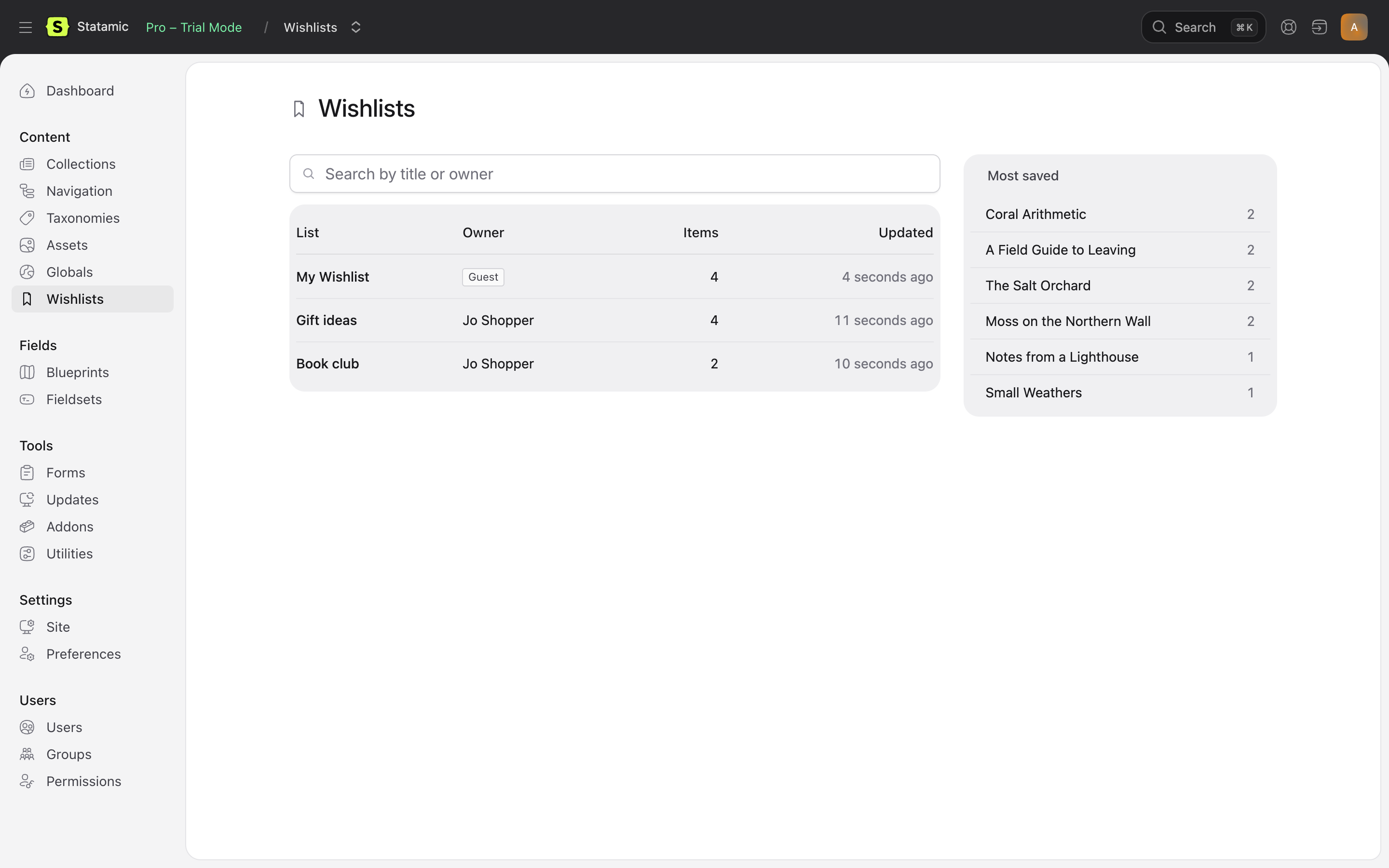 Content → Wishlists