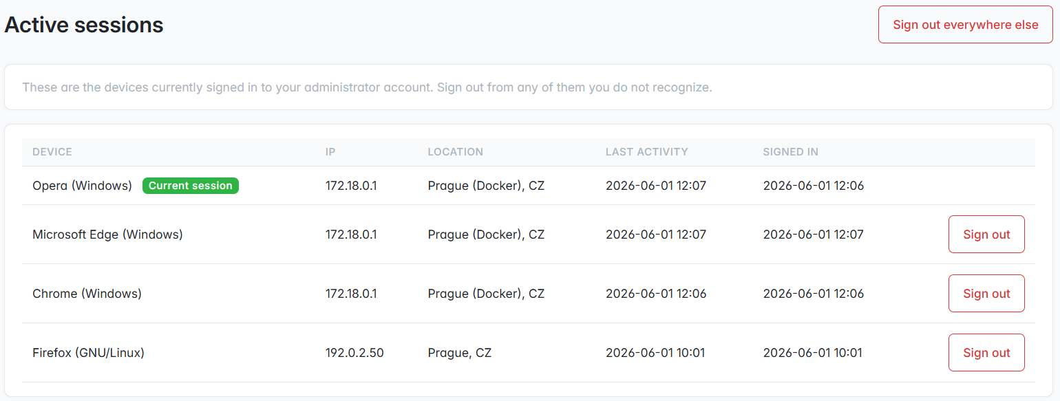 Active sessions list with per-device sign-out and revocation