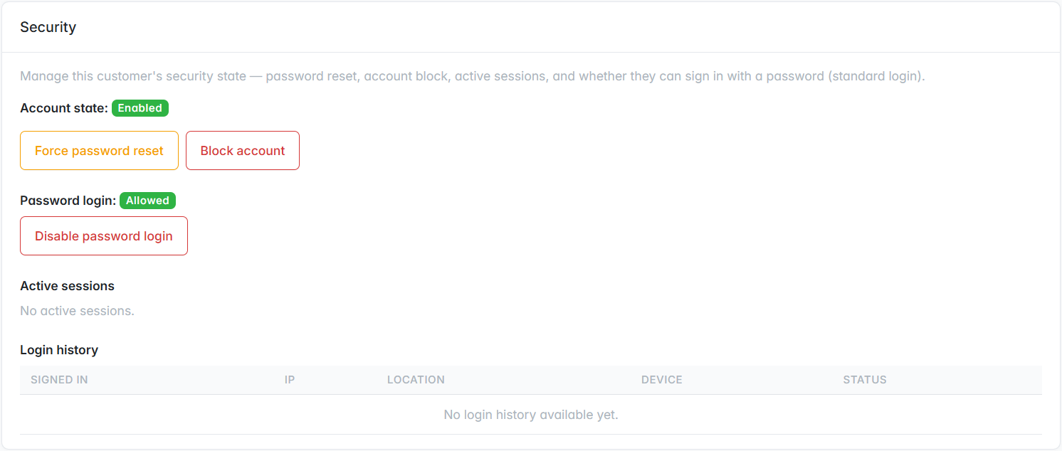 Admin customer Security section — force password reset, block, password-login toggle, sessions and login history