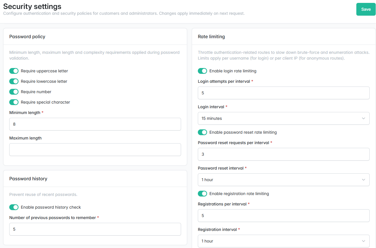 Centralized Security Settings admin UI — password policy, history and rate limiting