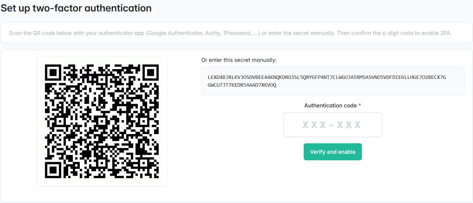 Two-factor authentication setup with QR code and recovery secret