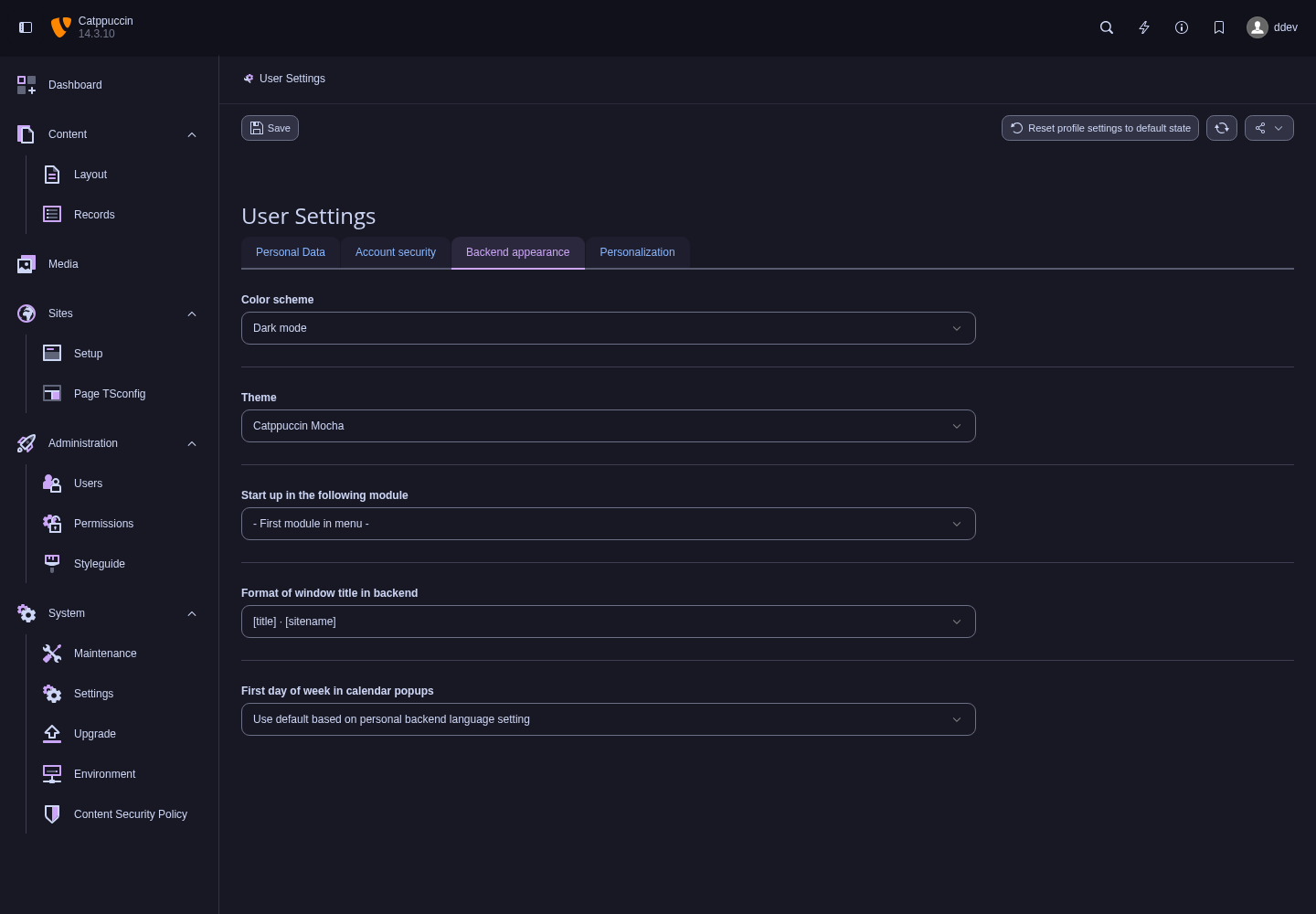 The four Catppuccin flavours in the native TYPO3 theme selector