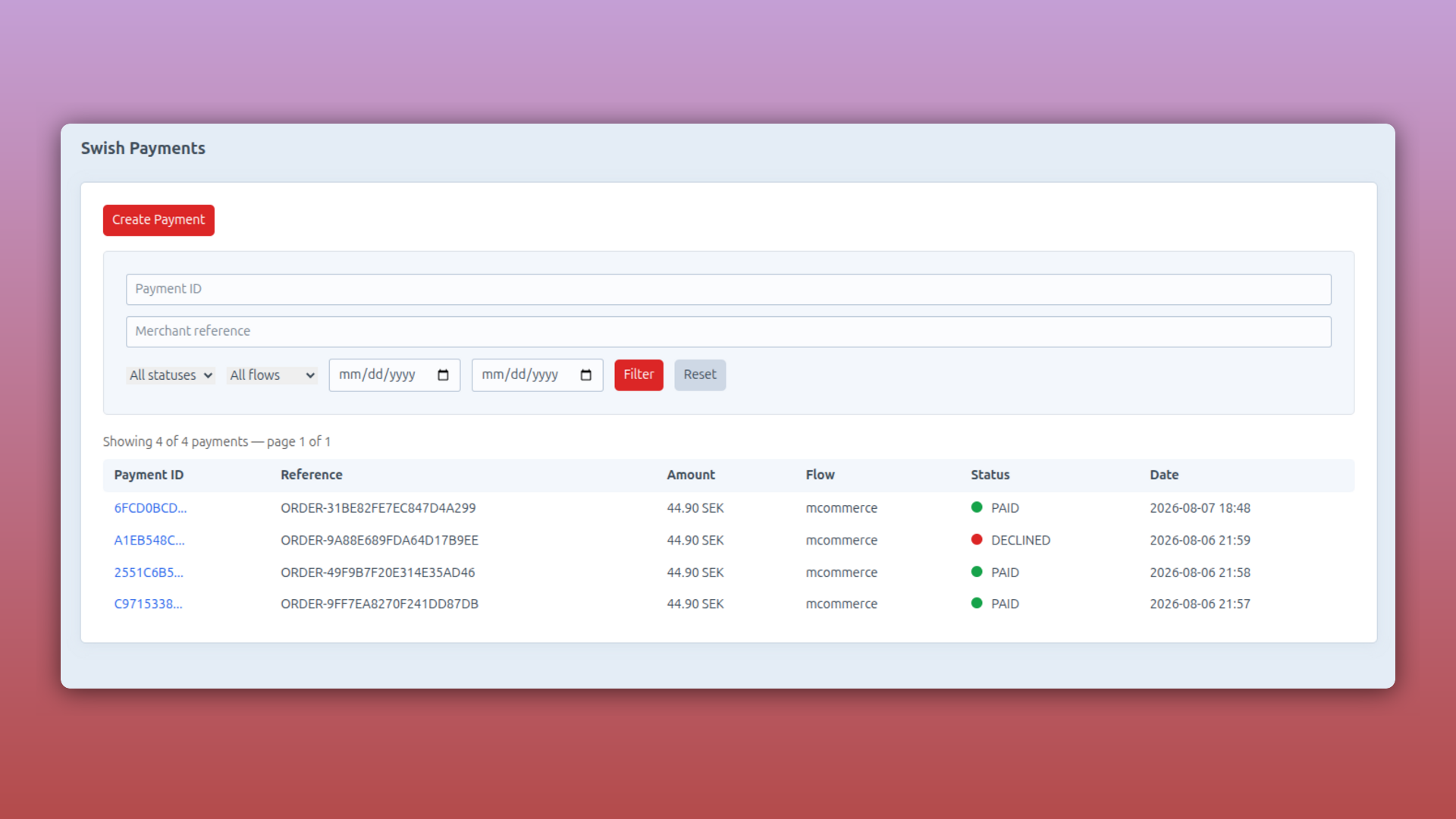 Payments screen