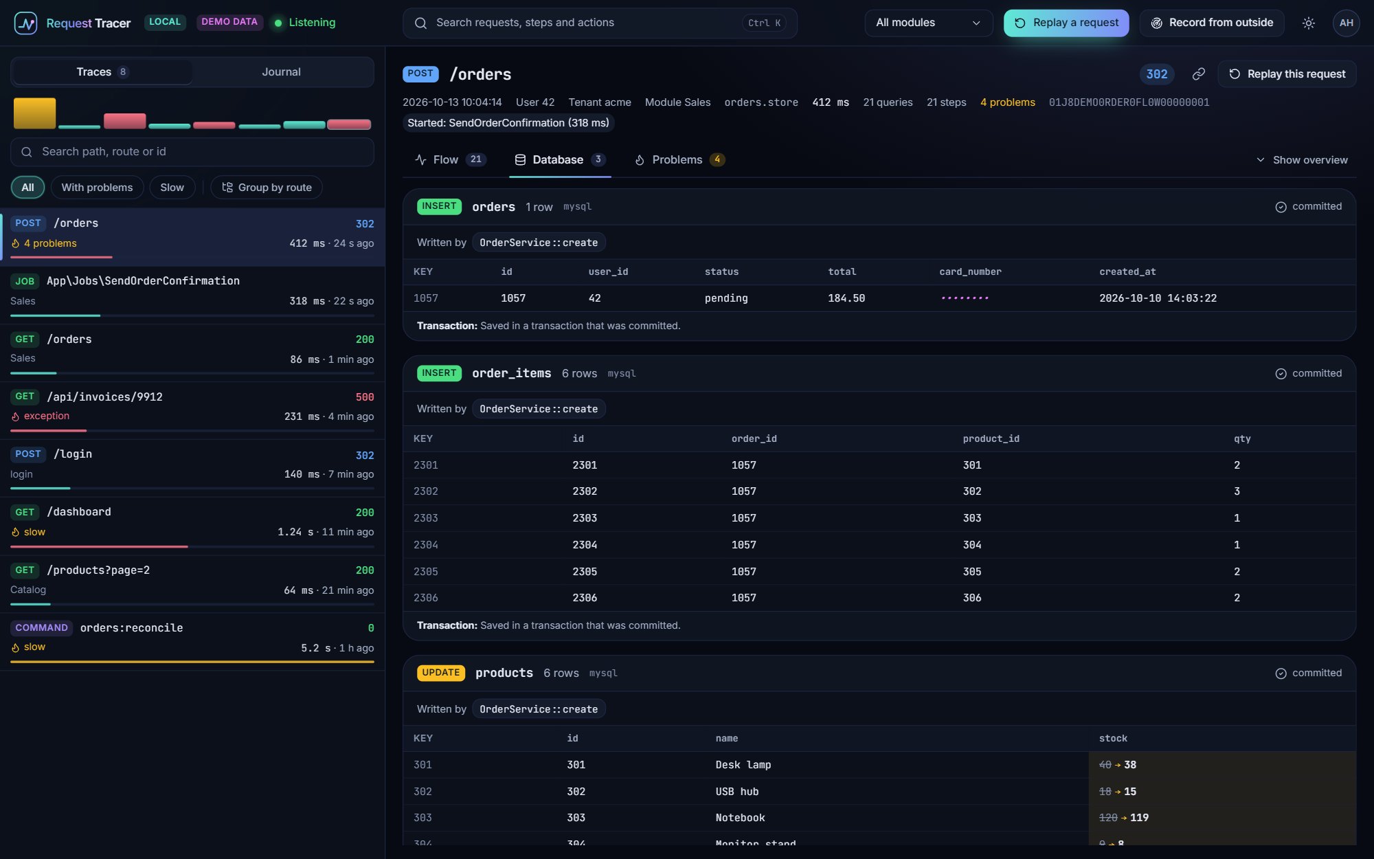 The Database tab: inserted rows, and an update with before and after values