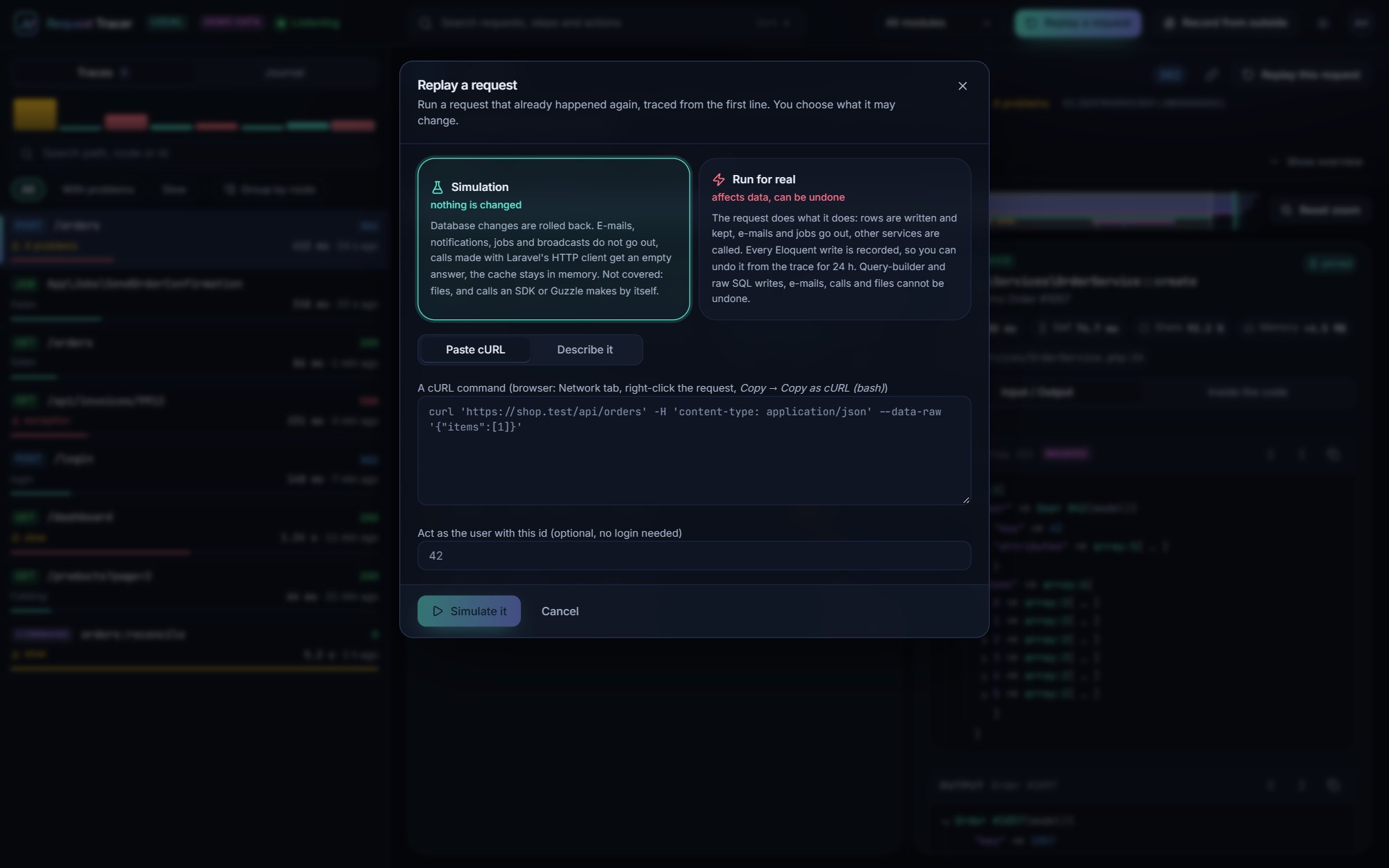 The replay dialog: simulation or run for real
