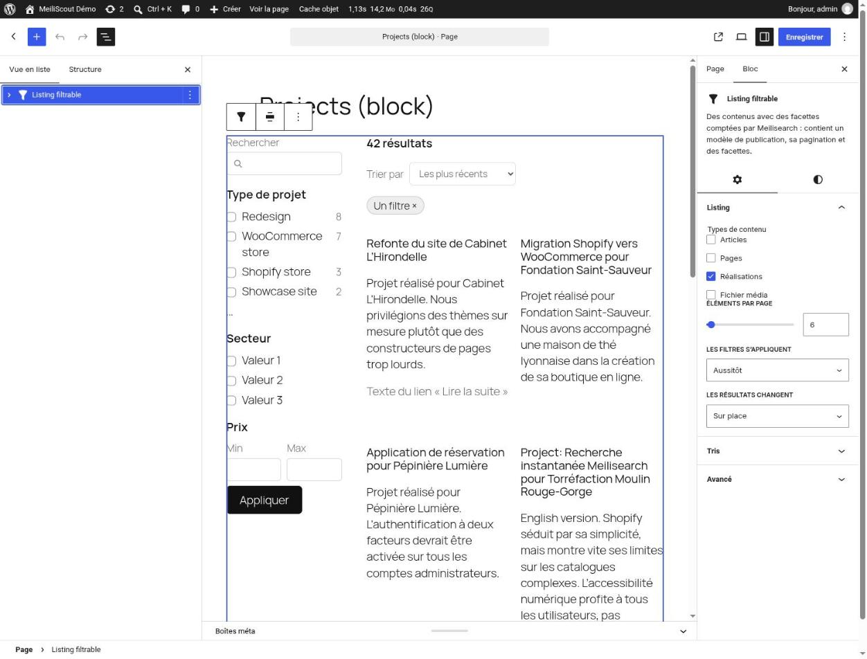 The Filterable listing block in the block editor