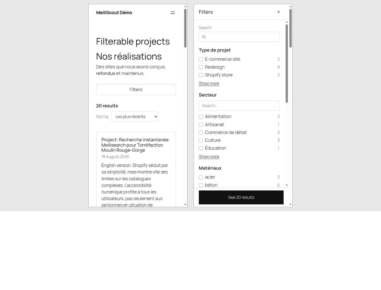 The same listing on a phone, with its filters sheet