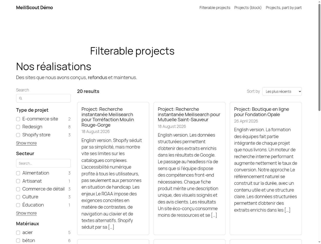 A filterable listing: facets, counts, sort and cards
