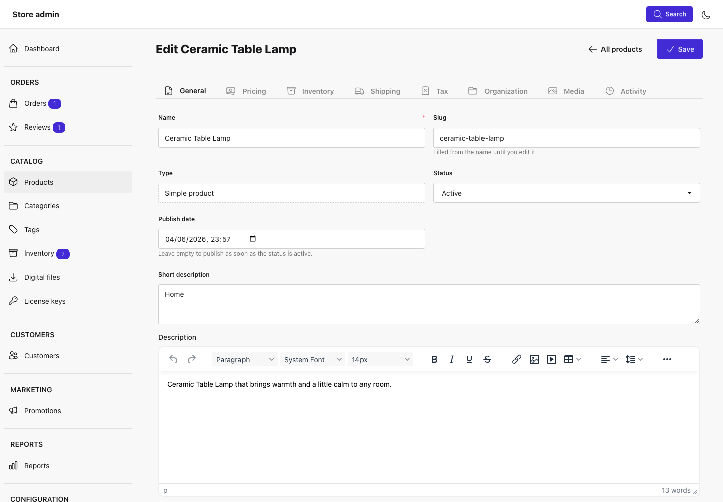 The product form editing a simple product, on the General tab with name, slug, type, status, publish date, short description, and a rich-text description editor