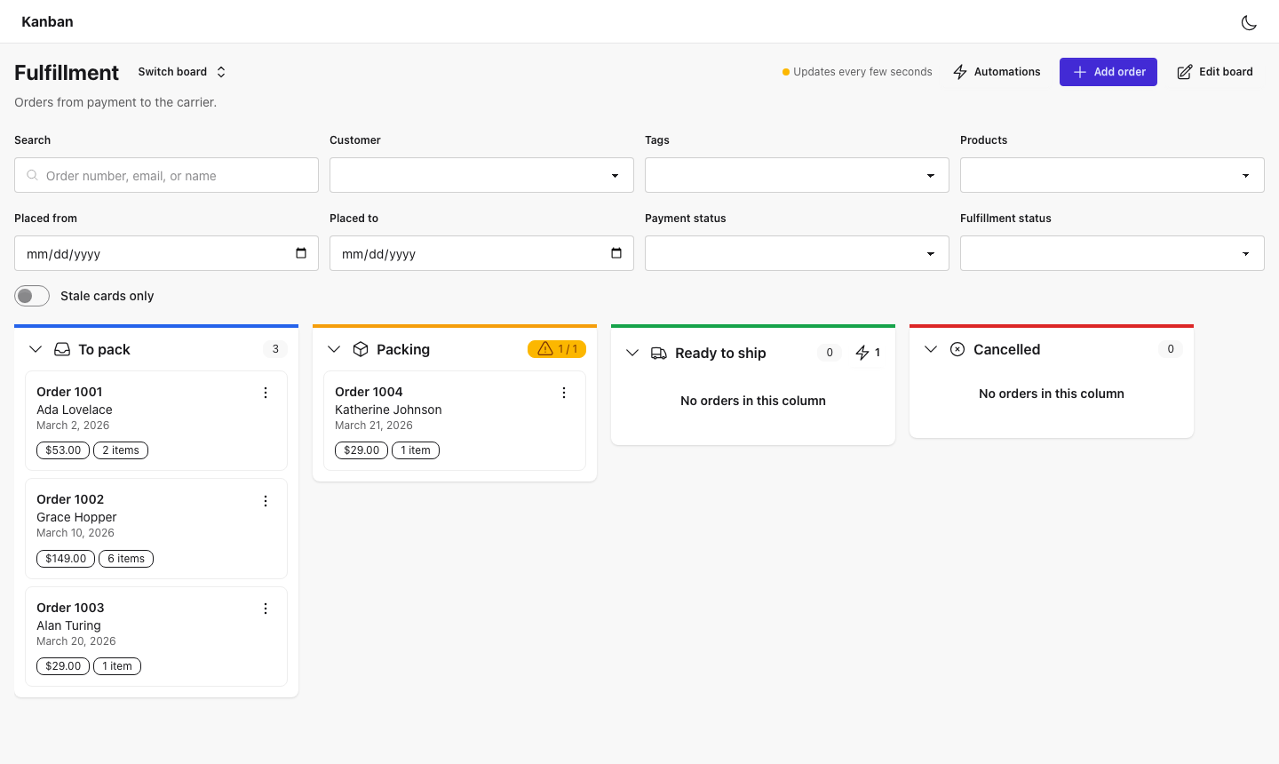 The Fulfillment board: a filter bar with search, customer, tags, products, placed dates, payment and fulfillment status, and stale cards, above four columns — To pack with three order cards, Packing at its WIP limit of 1 of 1, Ready to ship, and Cancelled — each card showing its order number, customer, placed date, and detail badges