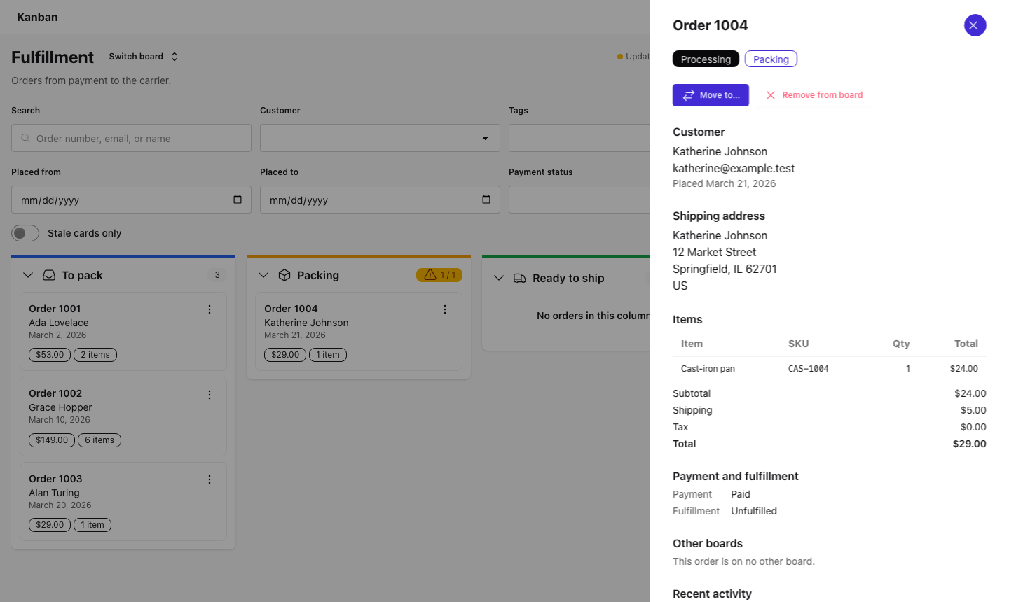 The card slide-out for order 1004: status and column badges, Move to and Remove from board buttons, the customer's name and email, the shipping address, the items and totals, payment and fulfillment status, the other boards the order is on, and recent activity