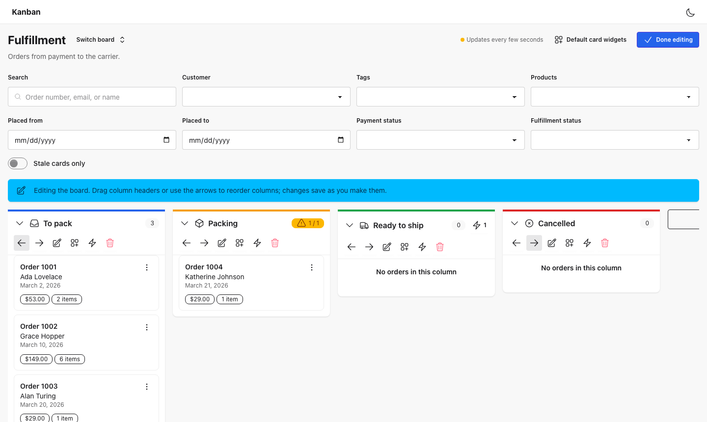 The board in edit mode: each column header has buttons to move the column left or right, edit it, choose its card widgets, open its automations, and remove it, and an Add column button follows the last column