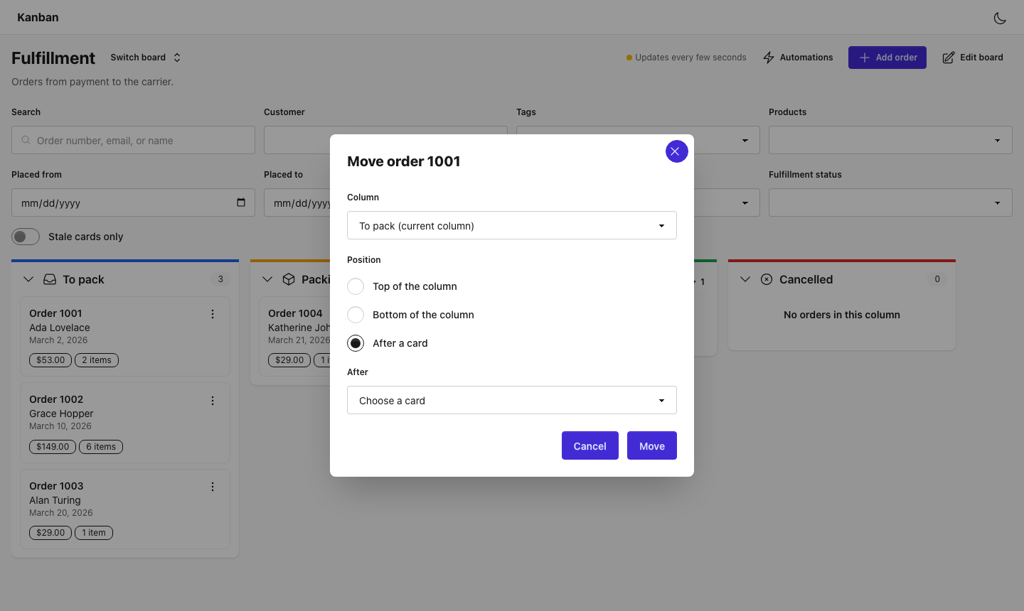 The "Move order 1001" dialog: a Column select and Position radio buttons for top of the column, bottom of the column, or after a card, with Cancel and Move buttons