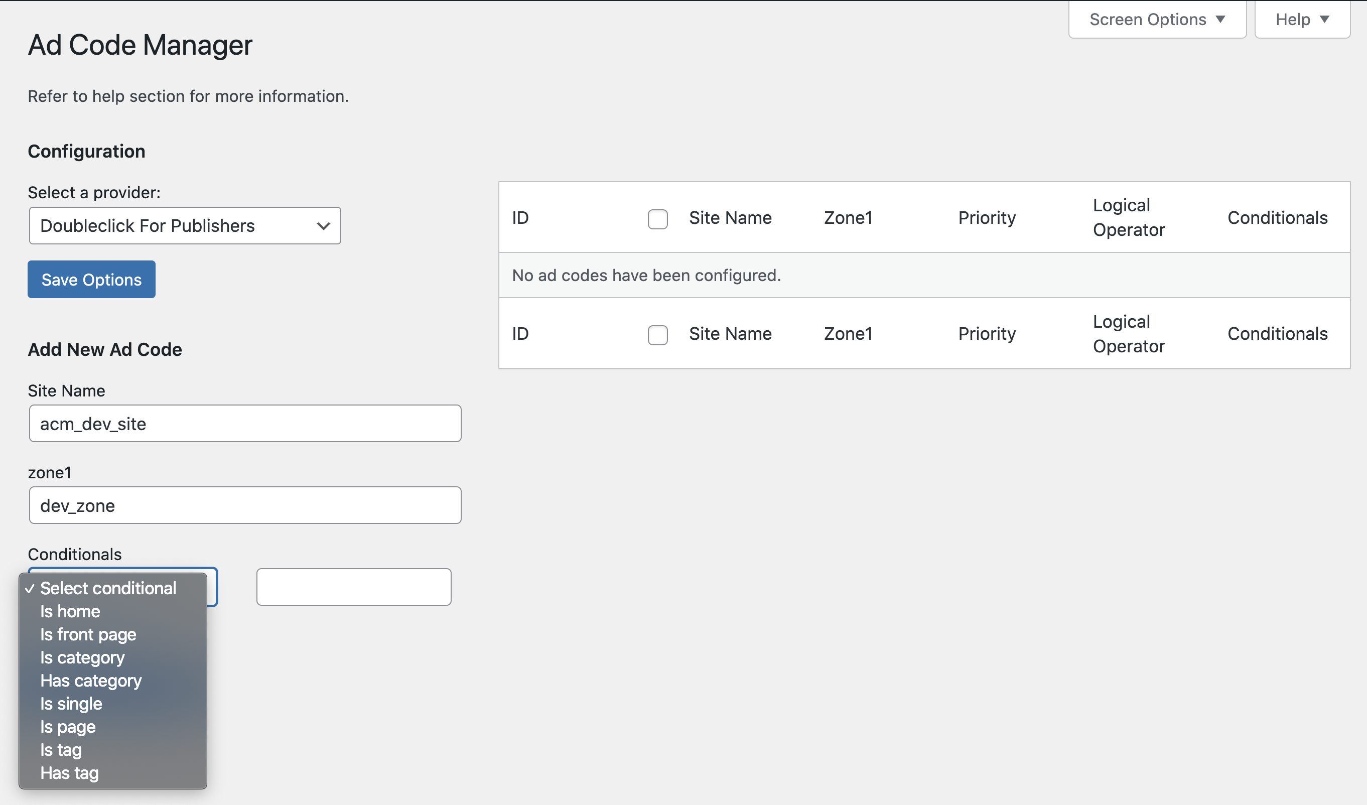 Adding an ad code with a site name, zone, and multiple conditionals.