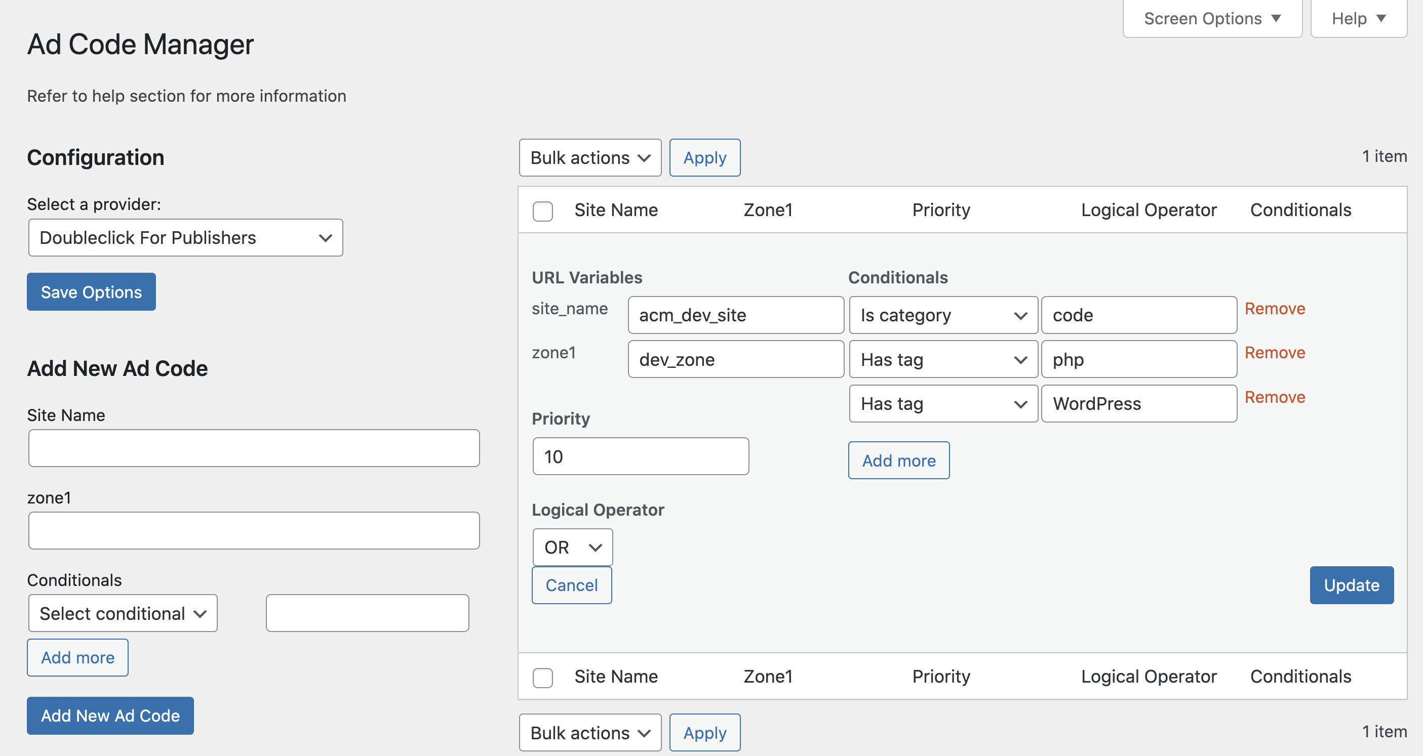 Edit existing ad codes inline through the admin interface.