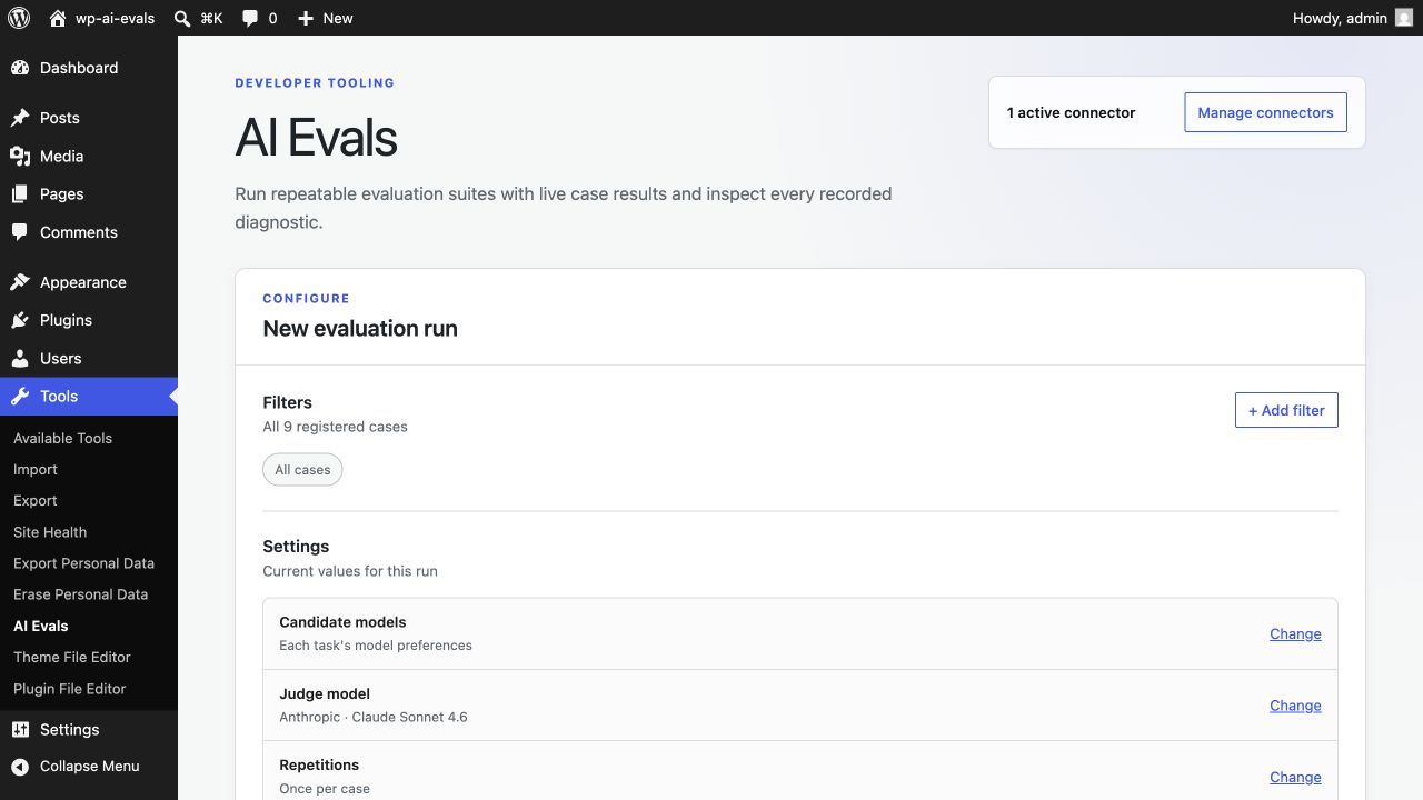 Configure an evaluation run in WordPress Admin