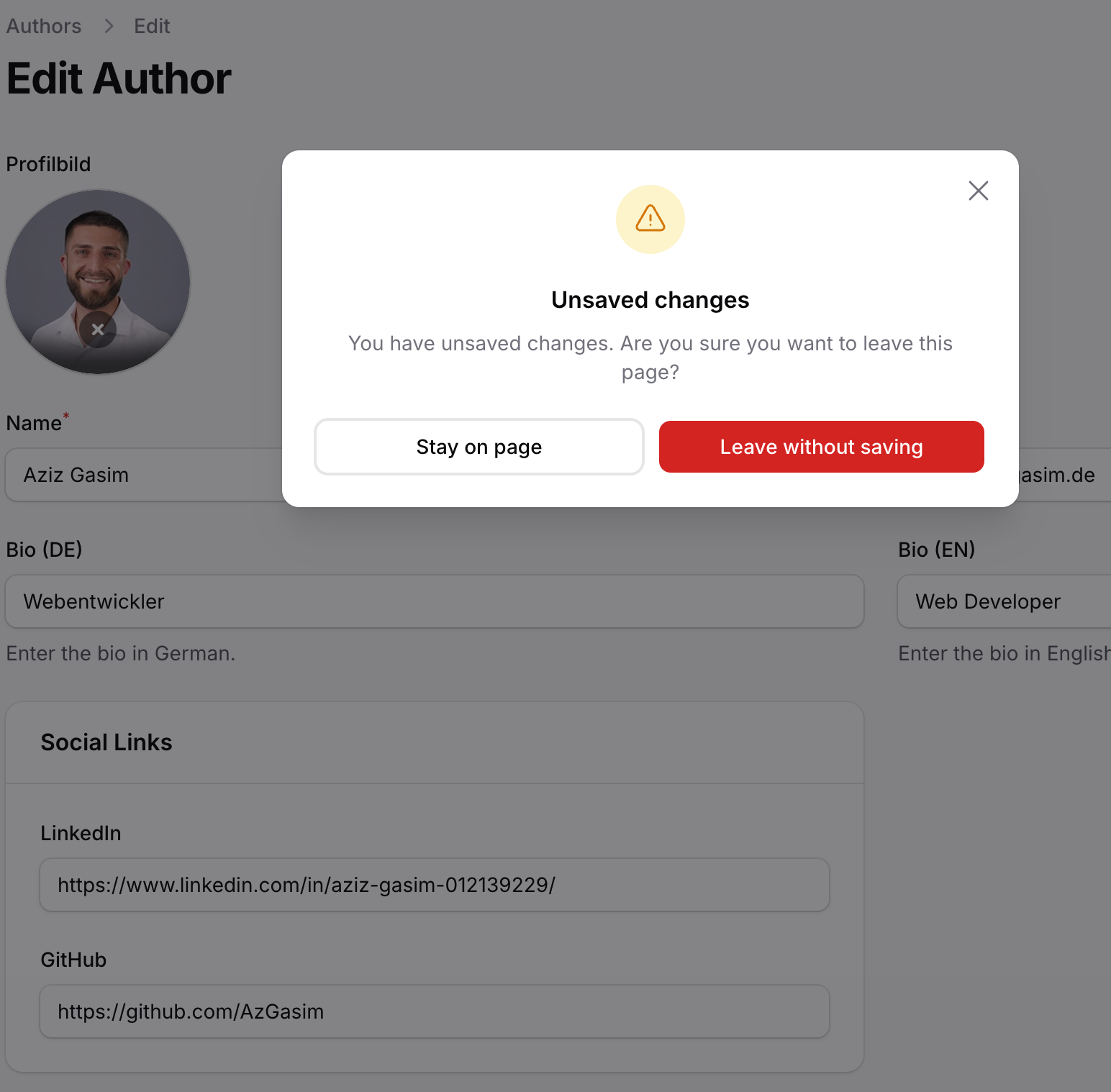 Filament unsaved changes modal preview