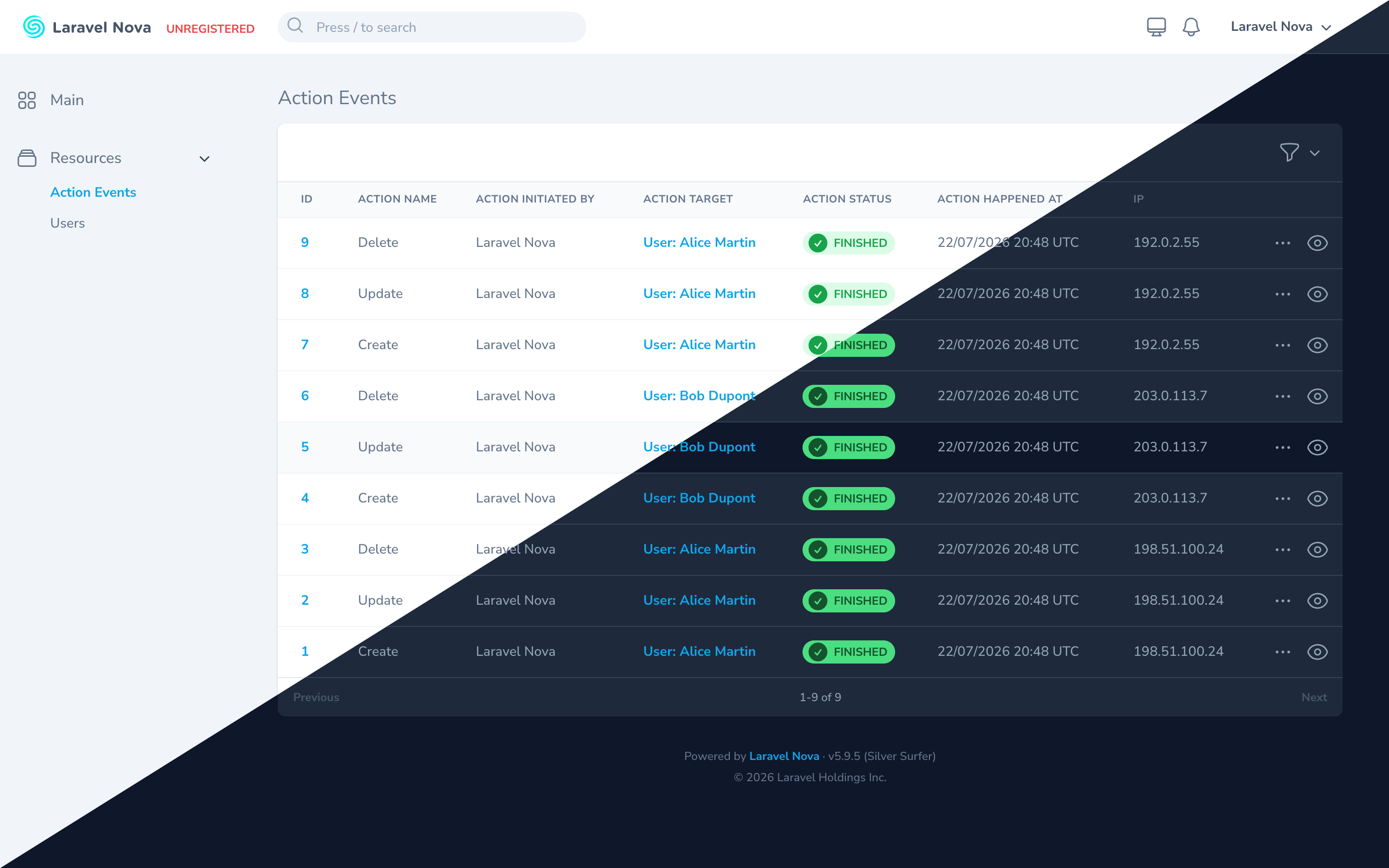 Action Events resource with the IP column