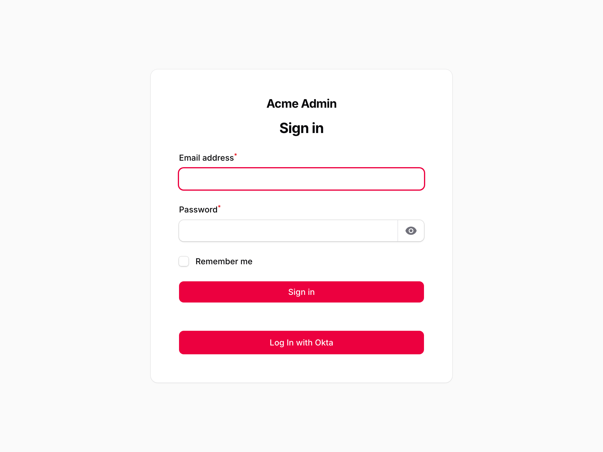 A Filament panel login screen with the Log In with Okta button