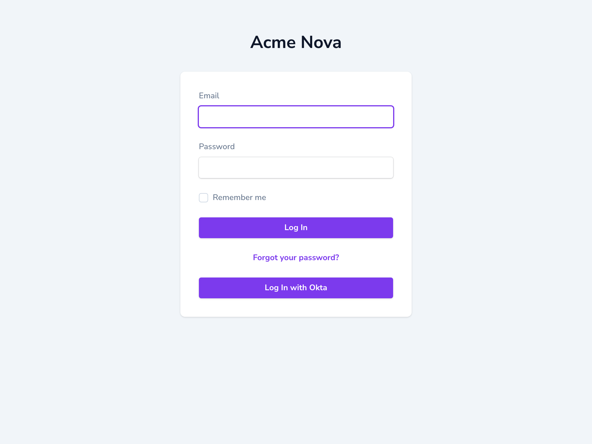 The Nova login screen with the Log In with Okta button