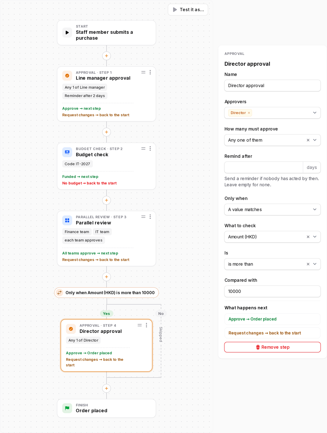 The builder: Start, four steps (one of them conditional), Finish, and the settings panel of the selected step
