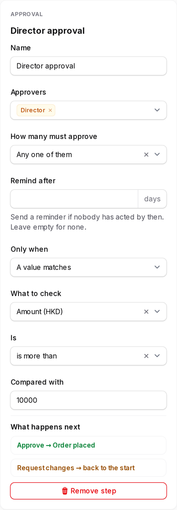 The settings panel of an approval step