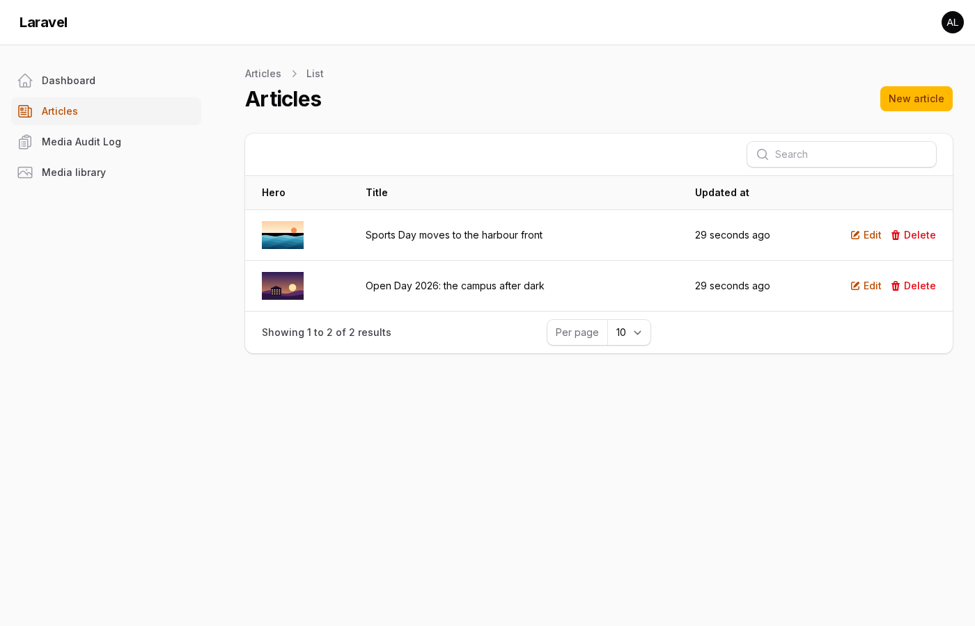 The Articles list with a thumbnail column