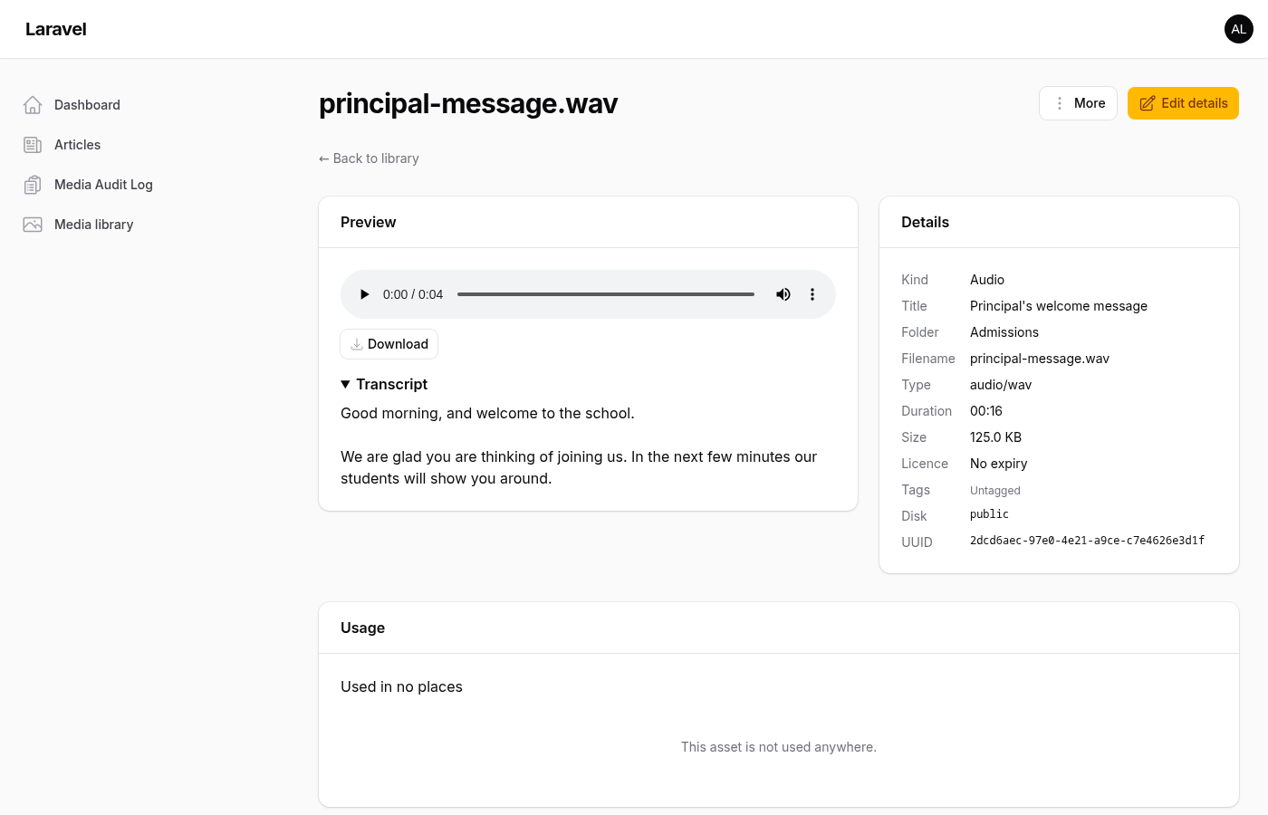 Audio: the player and a transcript, with the title, folder, duration and details beside it