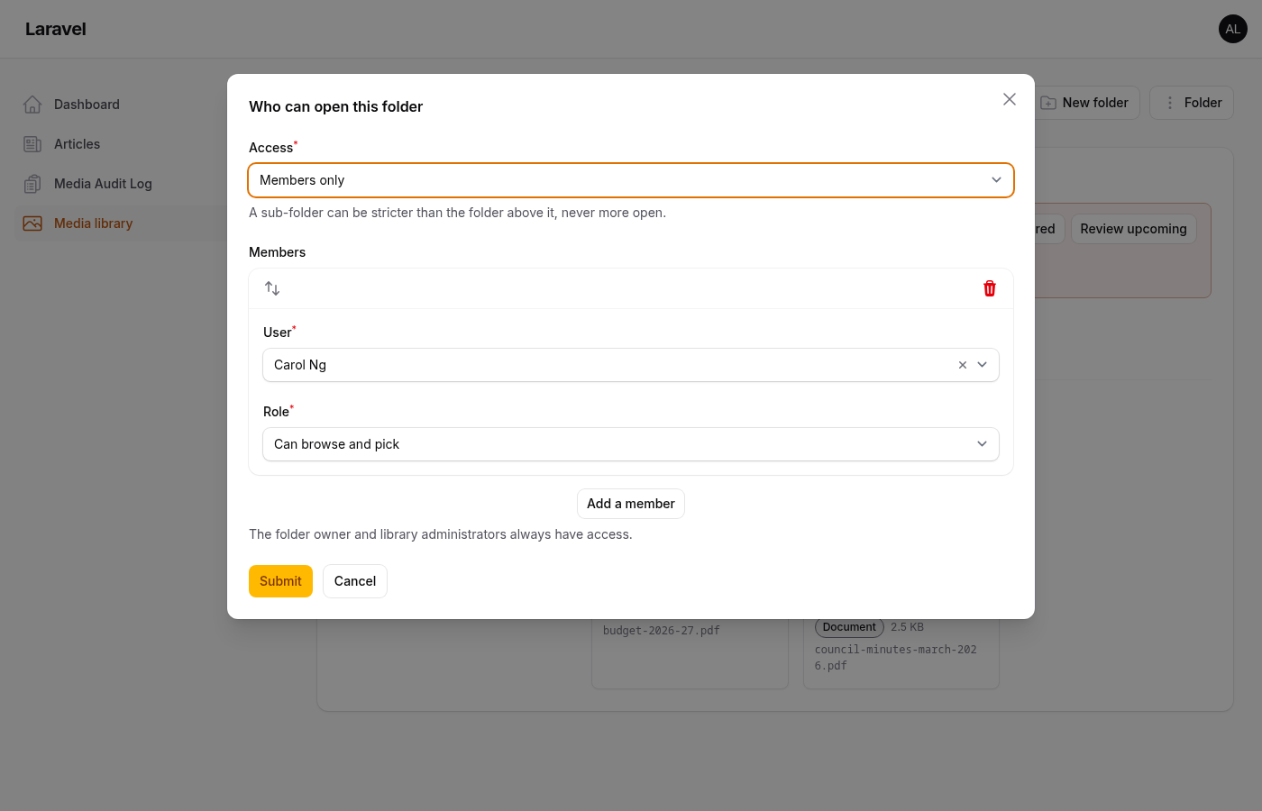 The access dialog of a members-only folder: the mode, and a member with the "Can browse and pick" role