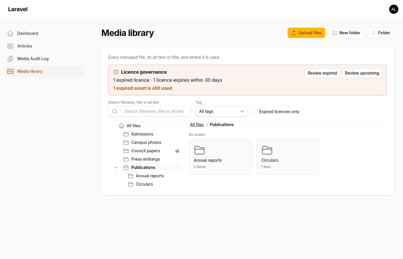 The Publications folder open: the tree with its sub-folders expanded, breadcrumbs and folder tiles