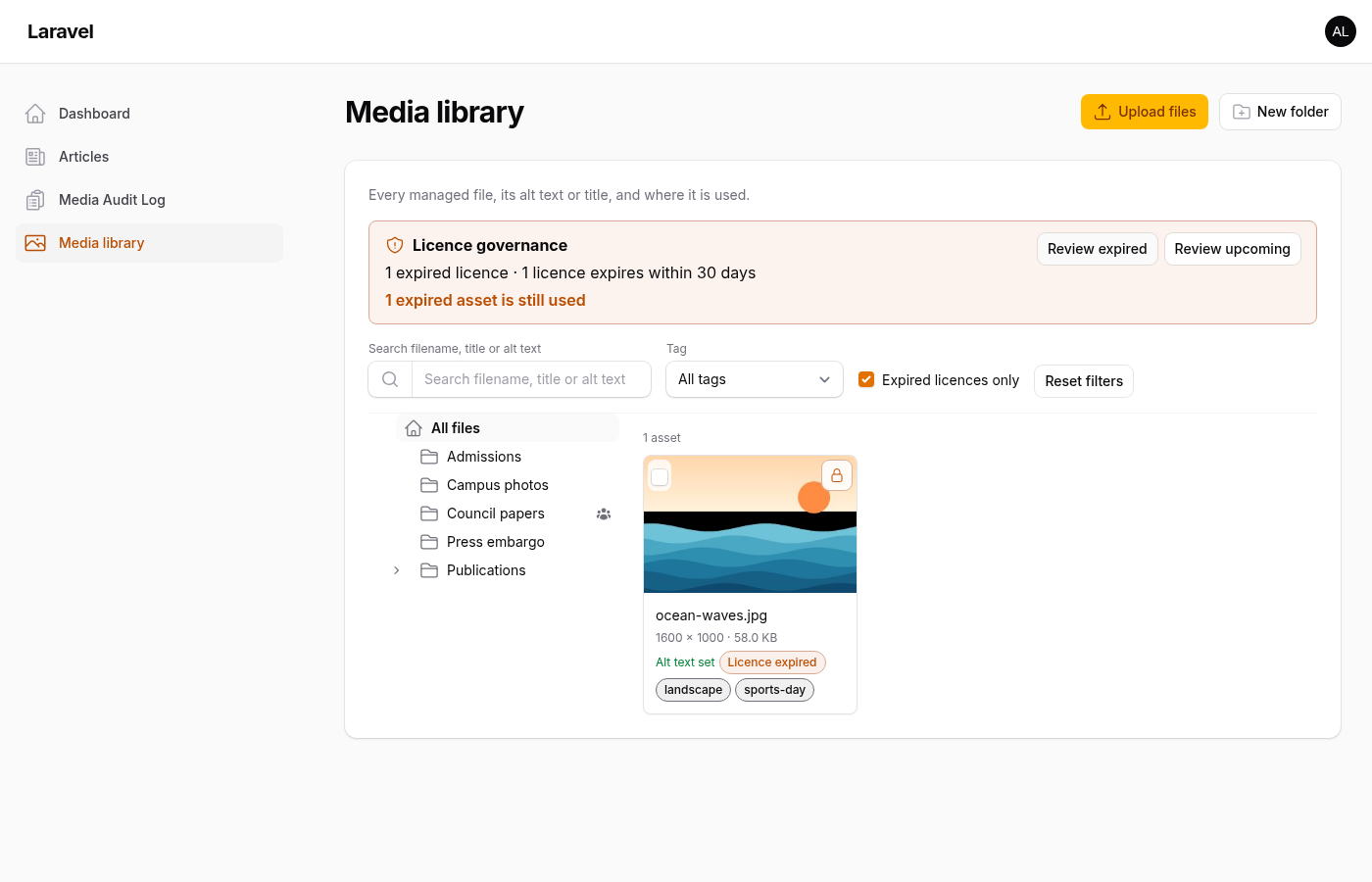 The library filtered to expired licences: the banner counts one expired asset that is still used