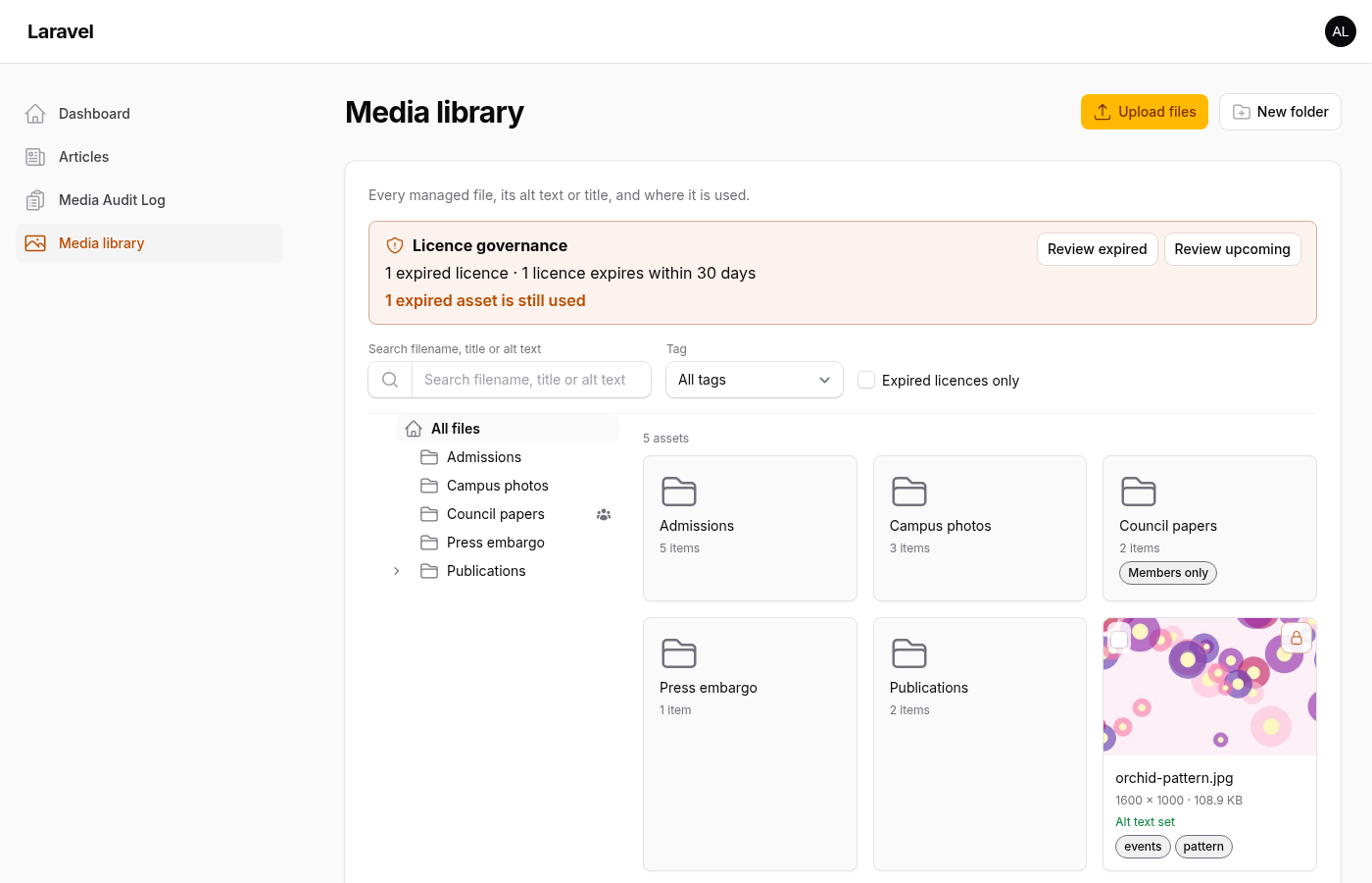The media library: a licence warning, search and tag filters, a folder tree, folder tiles and a grid of assets. A padlock marks an asset that is still used, so it cannot be deleted
