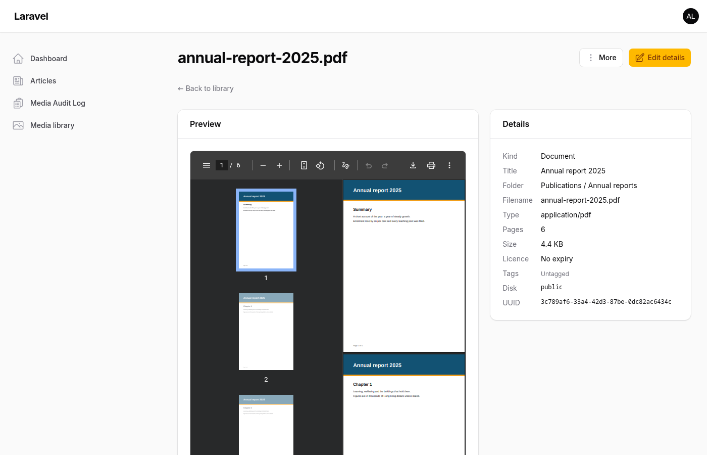 A PDF's asset page: the browser's own viewer inline, with page count, kind, title, folder and details beside it