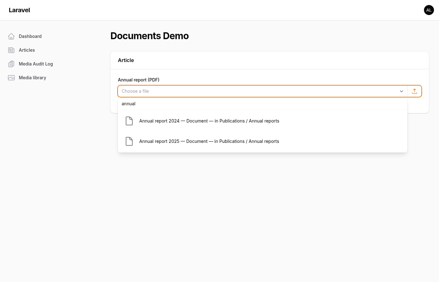 The documents picker: only documents are offered, searched for "annual", with the folder each one lives in